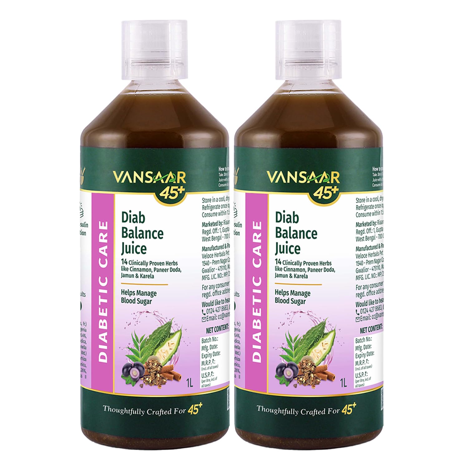 Vansaar 45+ Diab Balance Juice,1L (Pack of 2) | Karela, Jamun, Neem, Paneer Doda, Cinnamon &9 more Clinically Proven herbs for Diabetic Care & Sugar Control | Specially created with Jamun seeds to manage Blood Sugar