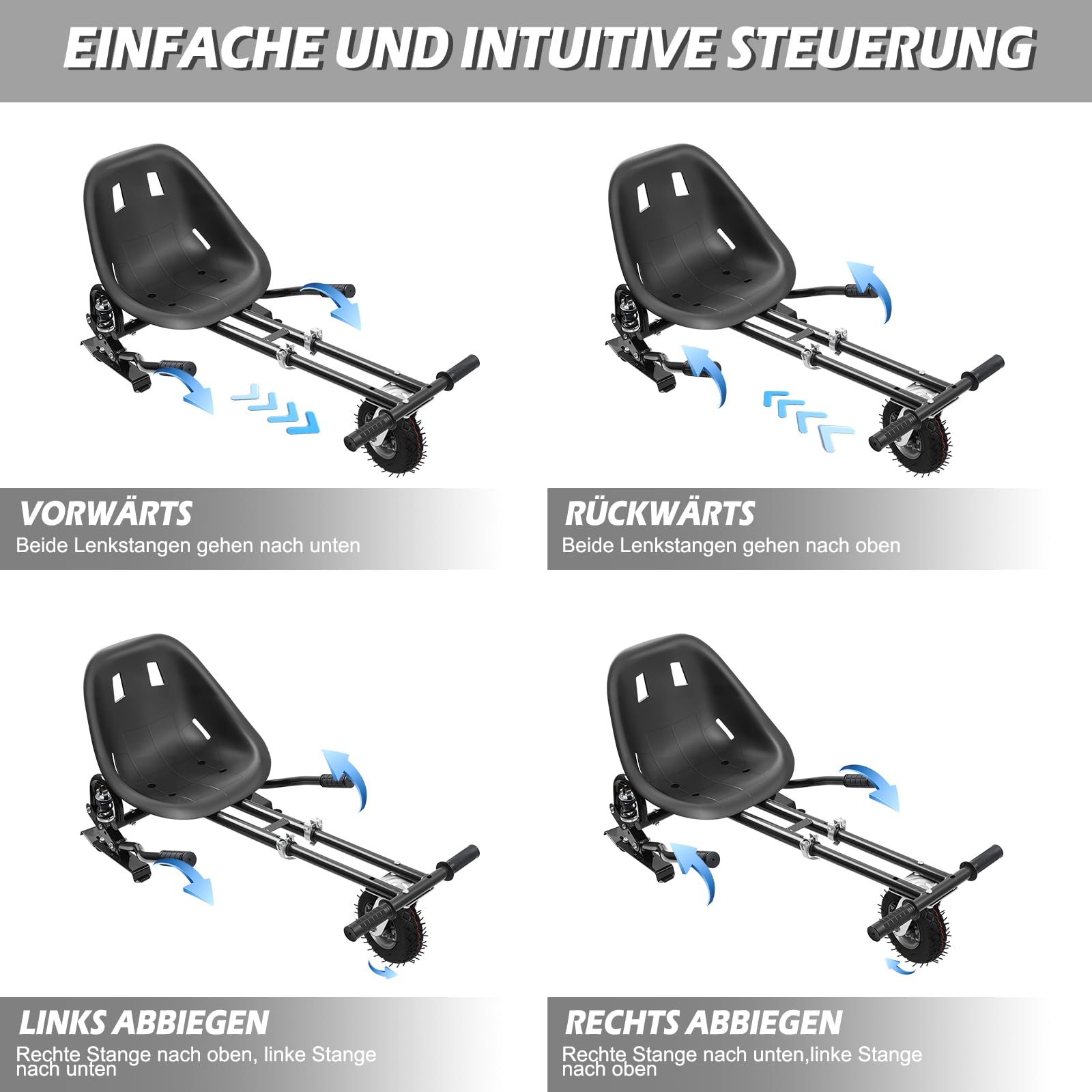 Siège d'hoverkart universel de 6,5 à 10" avec suspension innovante, amortisseurs de chocs, pneus avant remplis d'air (roues rouges à pneus)