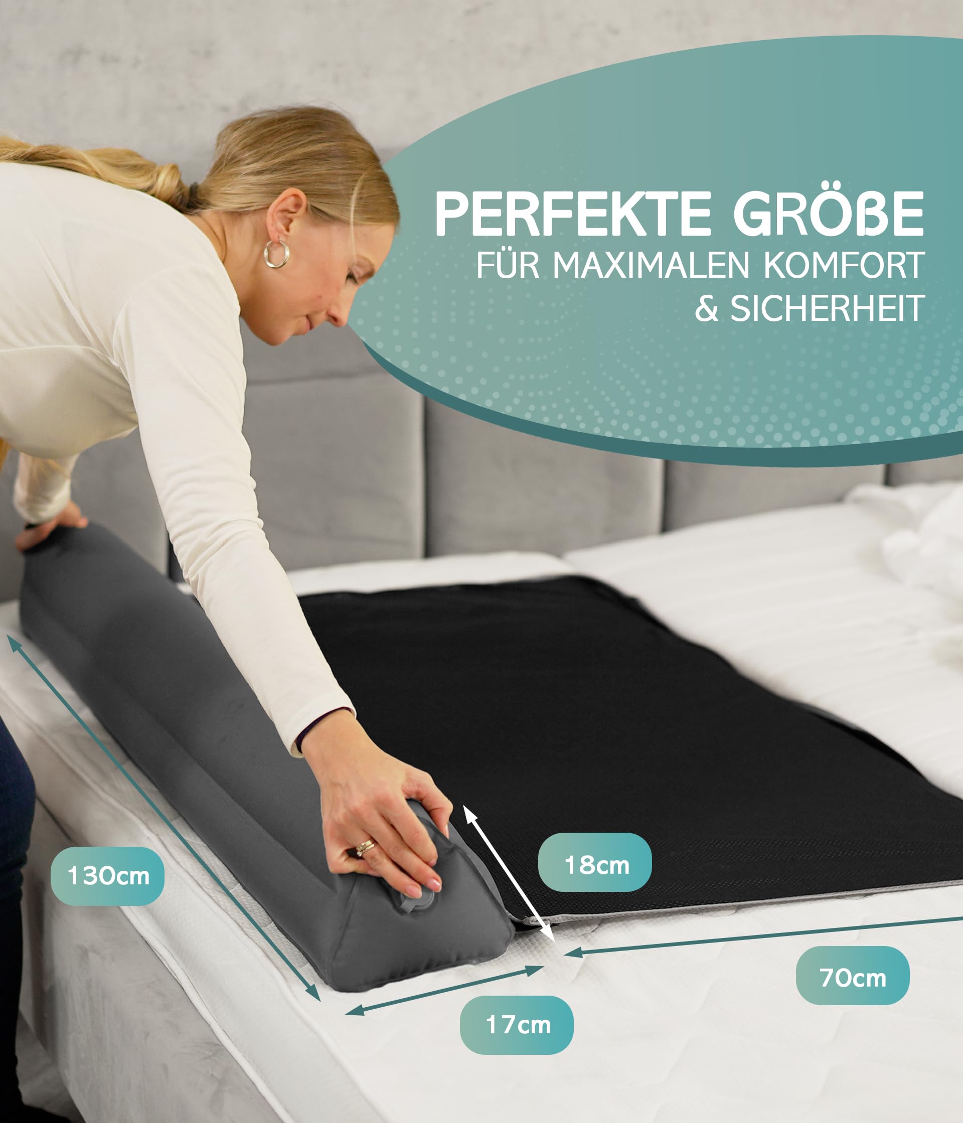 RAWVEL® Rausfallschutz aufblasbar 130cm Light - [NEU 2025] - passend für alle Betten Zuhause & auf Reisen - Rausfallschutz Bett Reise BPA Frei & Laborgeprüft - Rausfallschutz Boxspringbett (1er Set)