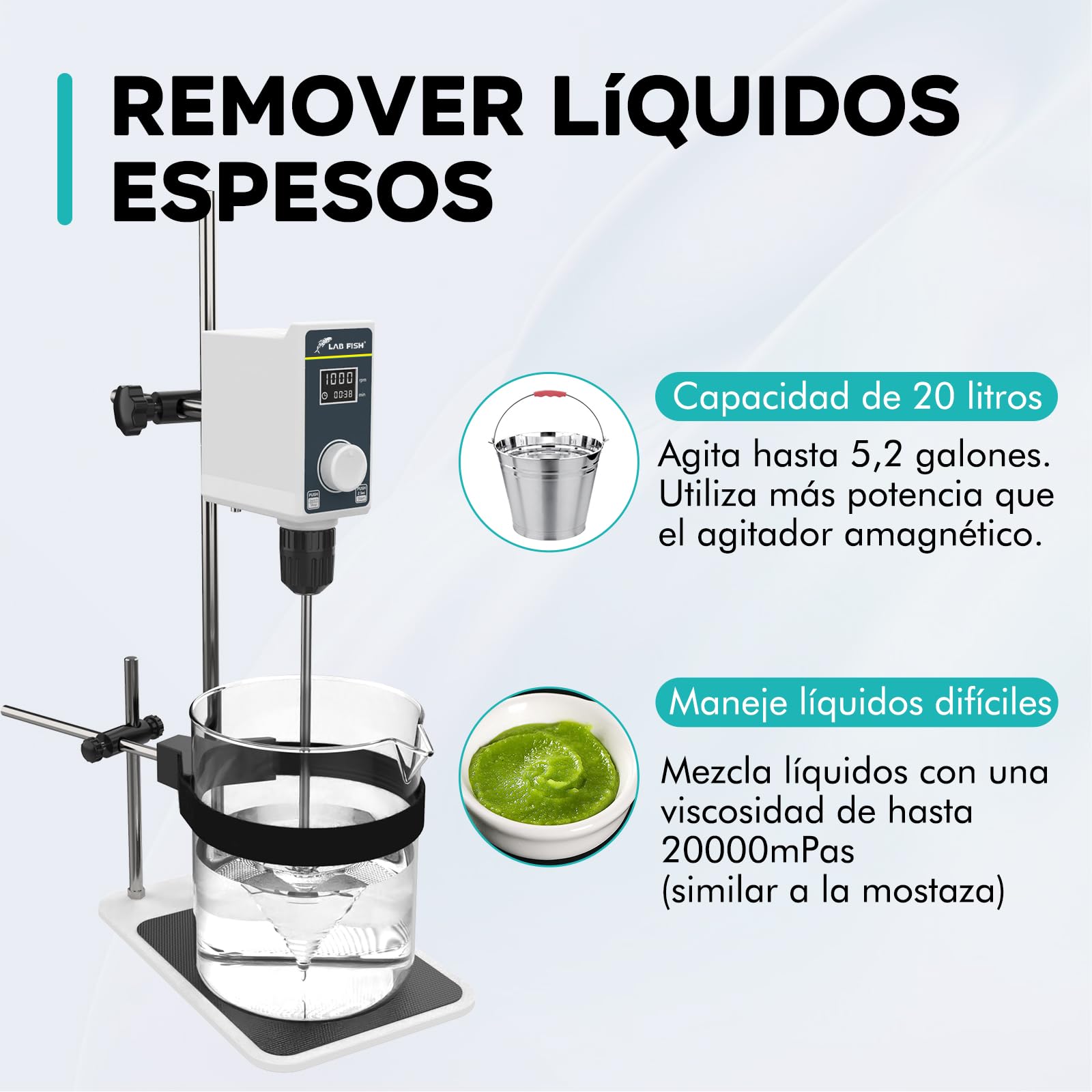 LAB FISH Agitador de Sobremesa Overhead Stirrer, Mezclador de Laboratorio con Paleta y Soporte Acero Inox, Velocidad Ajustable 100-1500 RPM, Temporizador 1min-24h, 20L