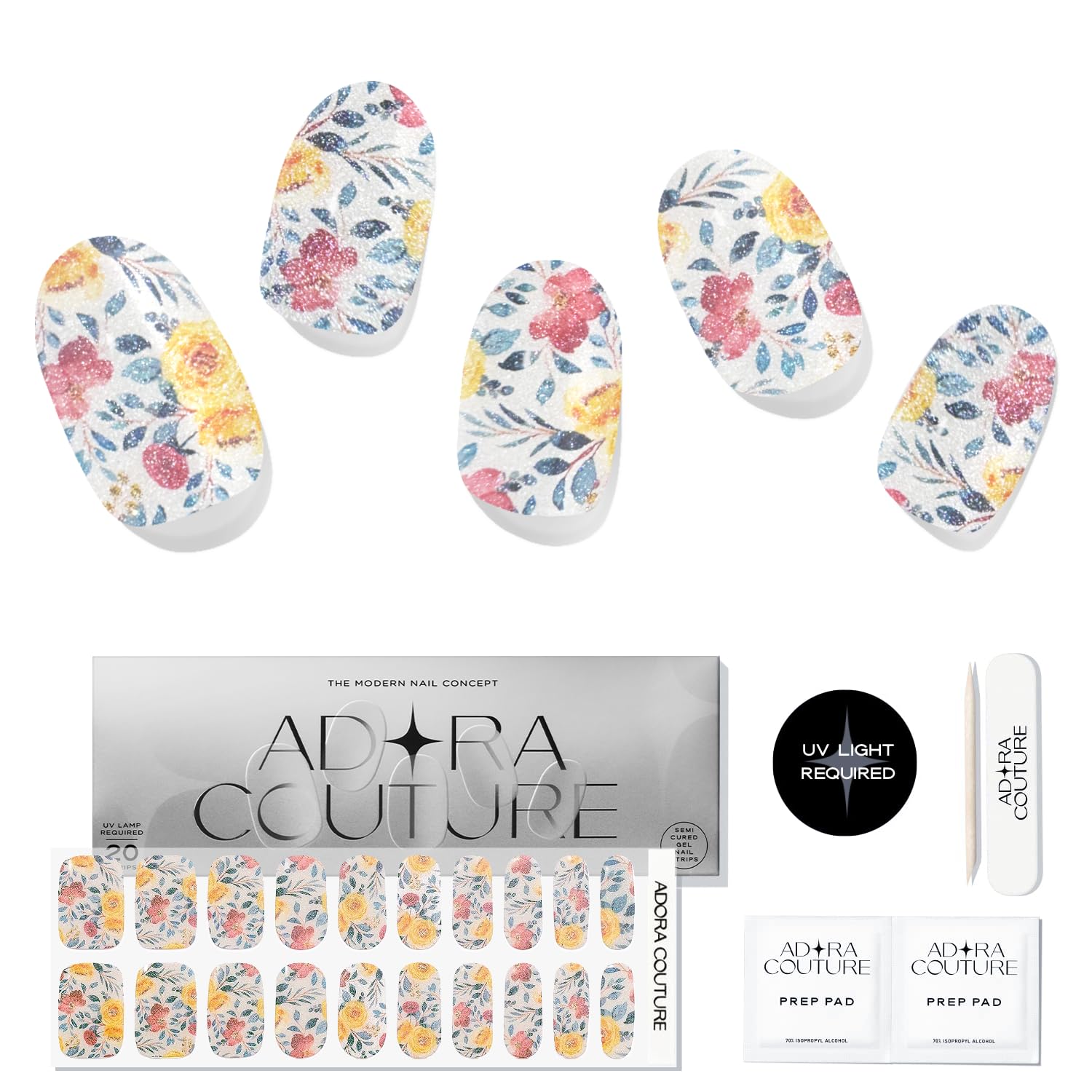 Adora Couture Semi Cured Gel Nail Strips with 20 Pieces, Salon Quality Wraps for Women, UV Gel Stickers, UV Light Required, Vintage Petals