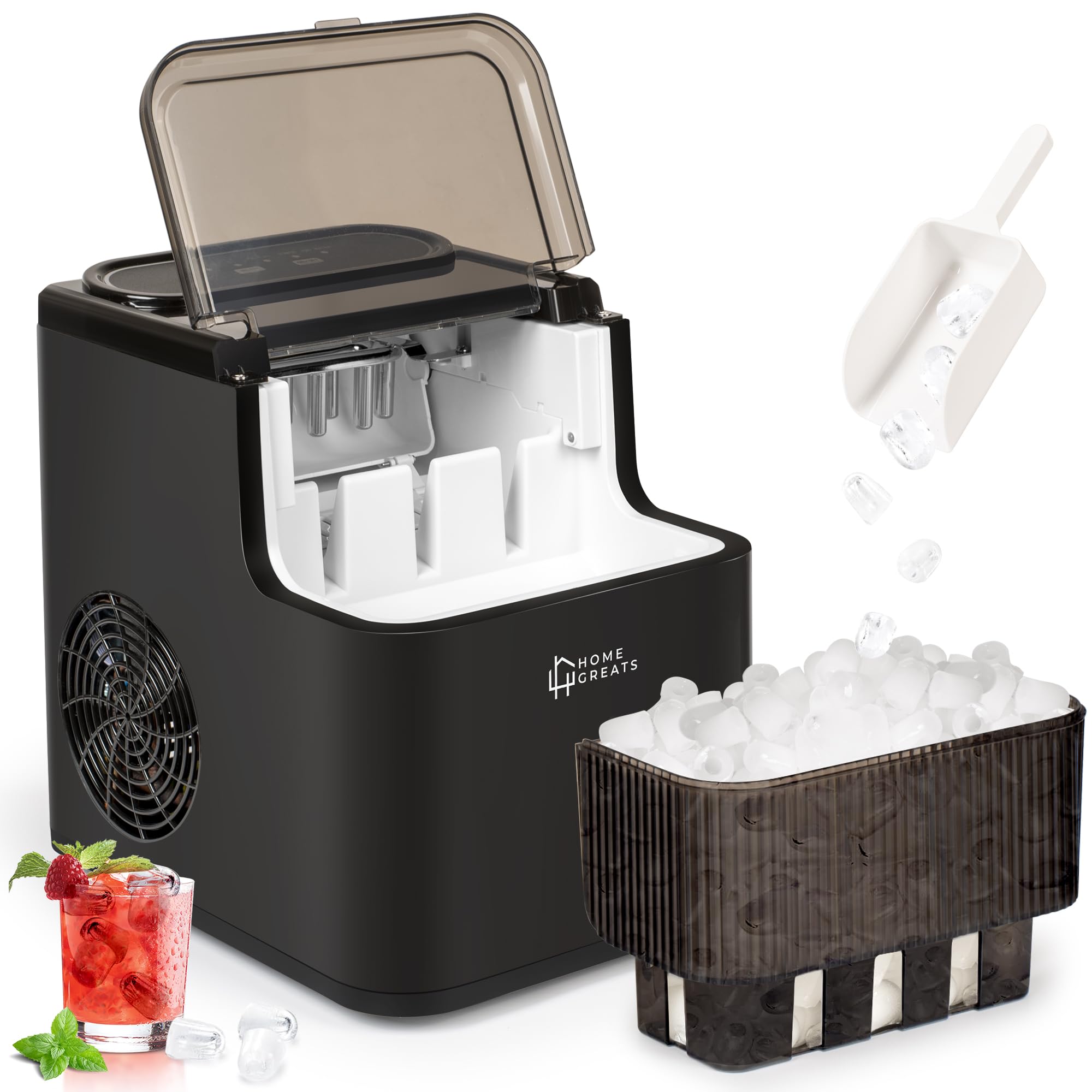 Ice Maker Countertop 9 Cubes Ready in 6 Mins, 26lbs in 24Hrs, Self-Cleaning Tabletop Portable Ice Machine with Scoop and Basket, 2 Size Bullet ice