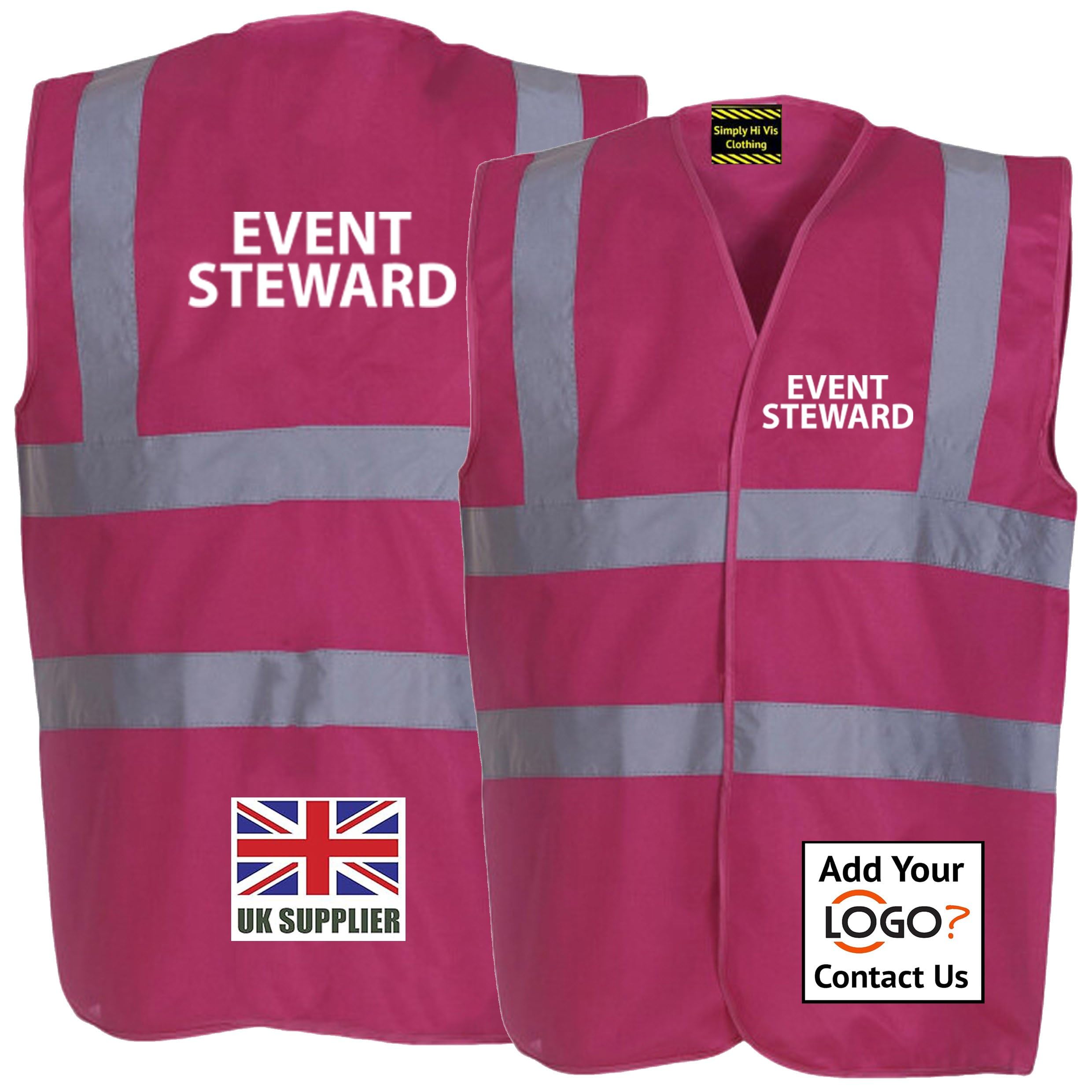 Raspberry Hi Vis Vest EVENT STEWARD Waistcoat EN ISO 20471 supplied by Simply Hi Vis Clothing UK