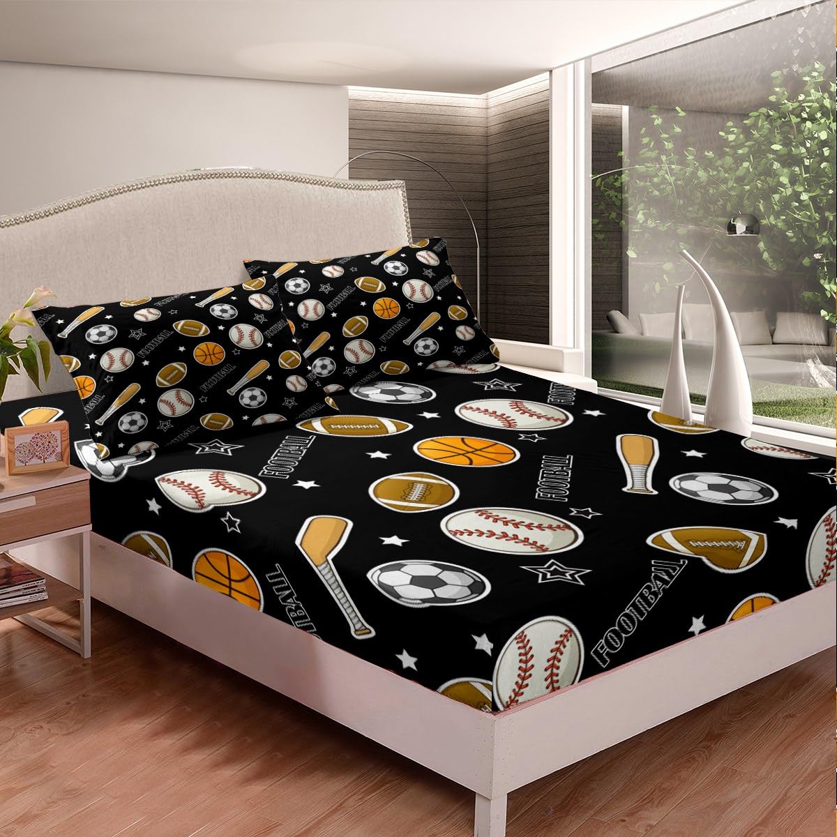 Football Boys Fitted Sheets Twin Size,Baseball Basketball Bedding Sets 2Pcs for Kids Teens Men Room Decor,Ball Sport Theme Bed Sheets Modern Black Deep Pocket Sheet,1 Pillowcase