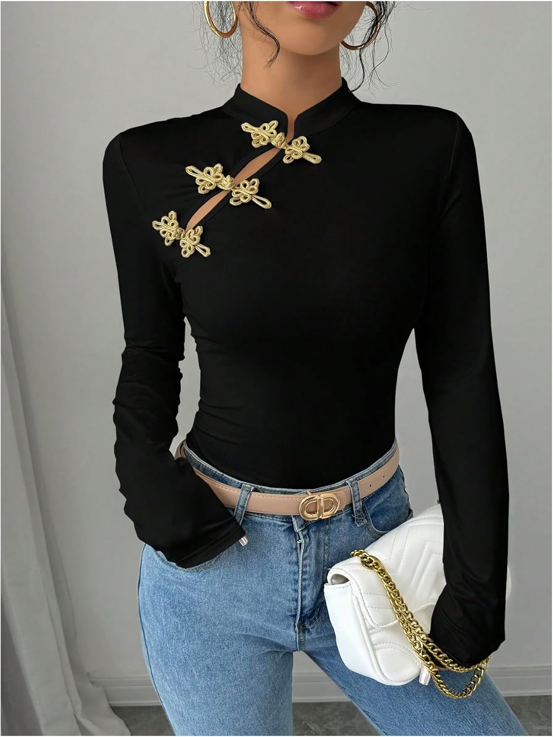 SOLY HUX Women's Long Sleeve Cheongsam Top Mock Neck Slim Fitted Elegant T Shirt Going Out Tops - Image 4