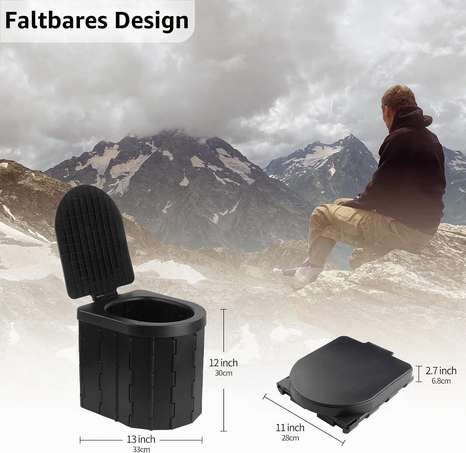 Camping Toilette, Tragbare Toilette für Erwachsene und Kinder, Faltendes wasserdichtes Porta Töpfchen für Camping, Auto, Eimer, Reisen, Outdoor, Wandern, Ausflüge, Boot, Strand, Zelt (Schwarz)