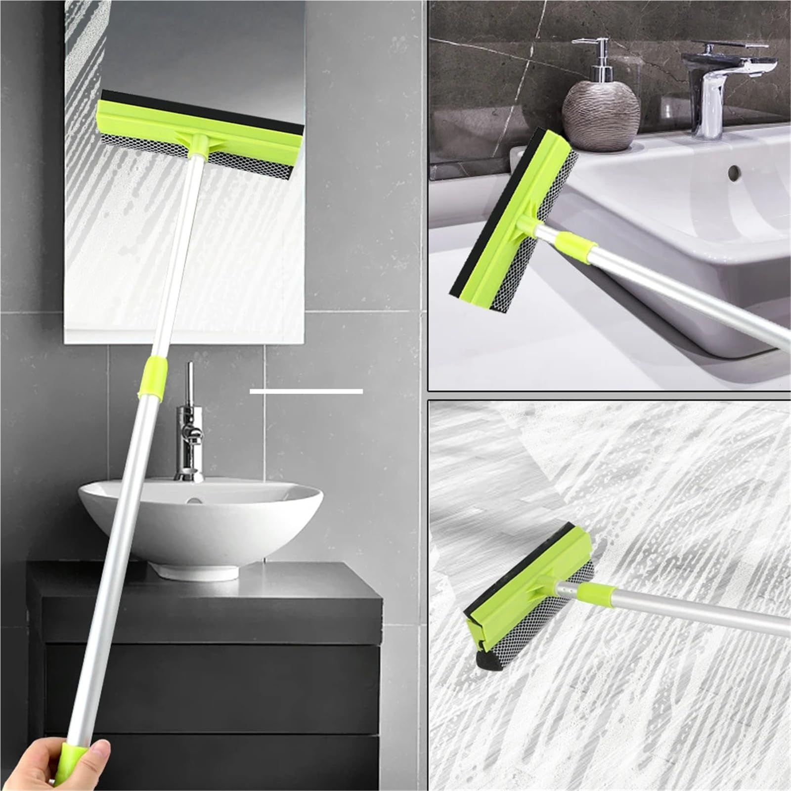 Escobilla Limpiacristales Limpiaparabrisas 2 en 1 for Coche, Cepillo Limpiador de Espuma, fregona, raspador Vidrio for Ventana, Limpieza del hogar, Esponja, Varilla telescópica(Green)