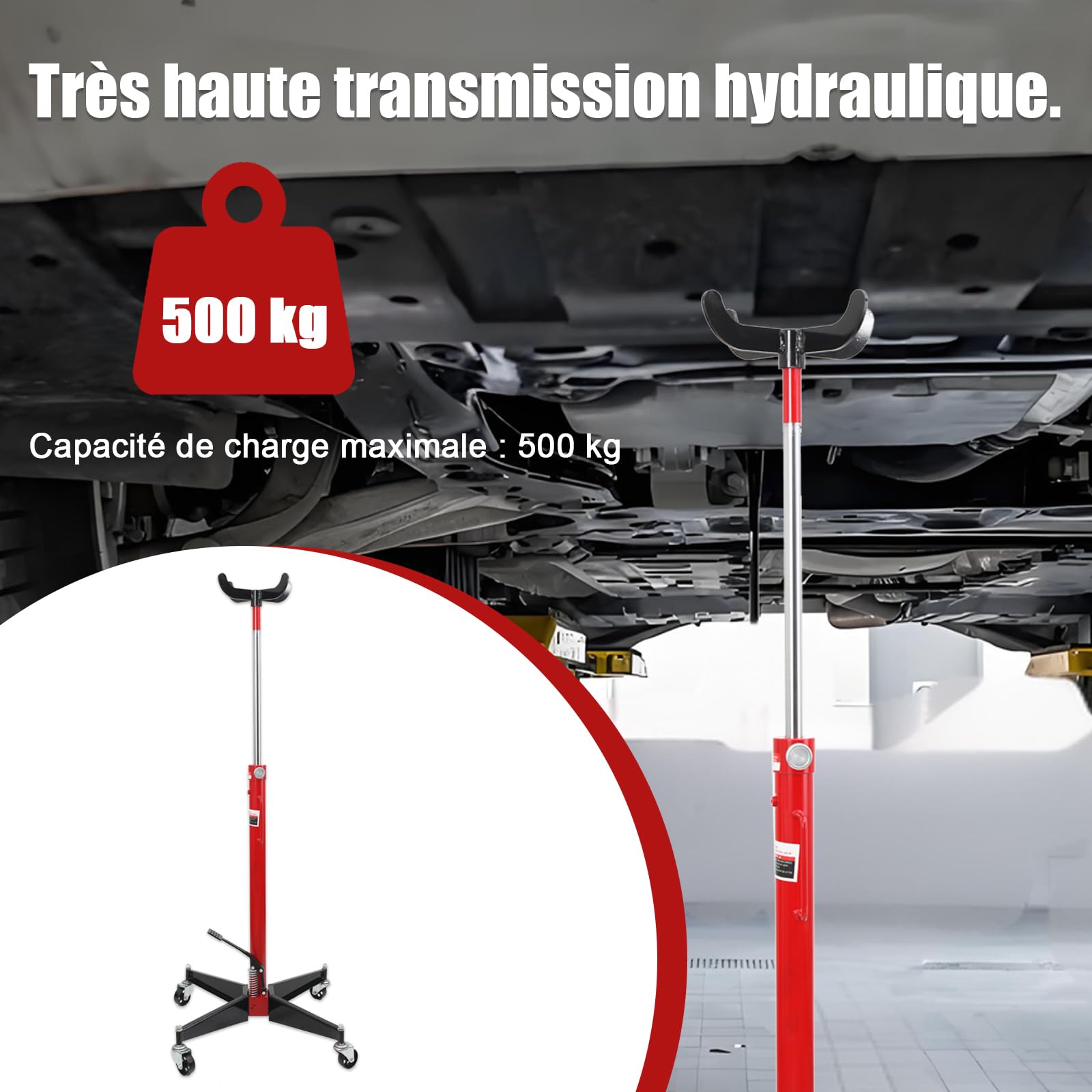 Vérin de Fosse pour Boîte de Vitesse Cric Transmission Hydraulique Appareil Levage Moteur 500kg Jack avec Rouleaux à Quatre Roues pour Voitures et Camions, Hauteur de Levage 113-186cm
