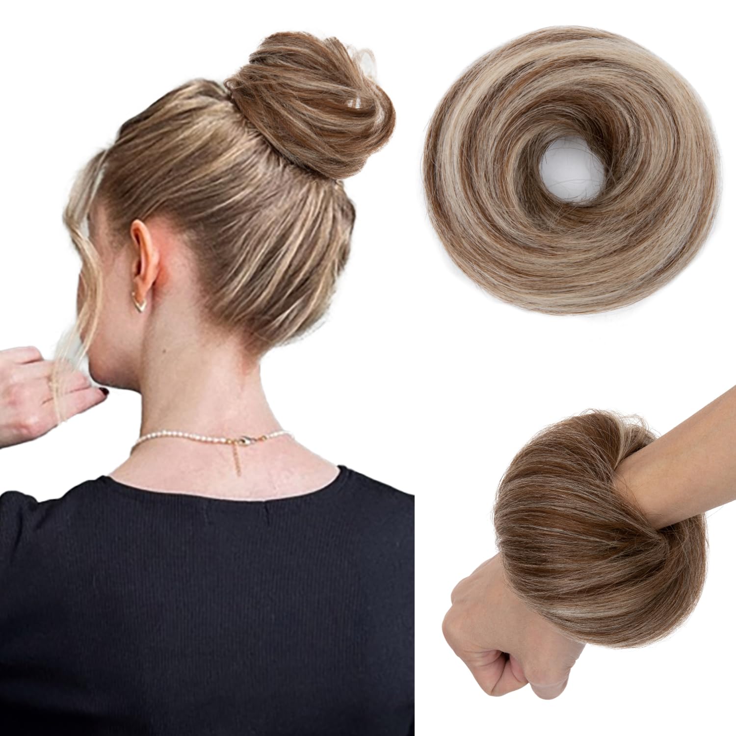 Photo 1 of TESSHAIR Thick Human Hair Messy Bun, 100% Real Hair Bun Extensions for Women, Wavy, 25g, #Medium Brown & Bleach Blonde