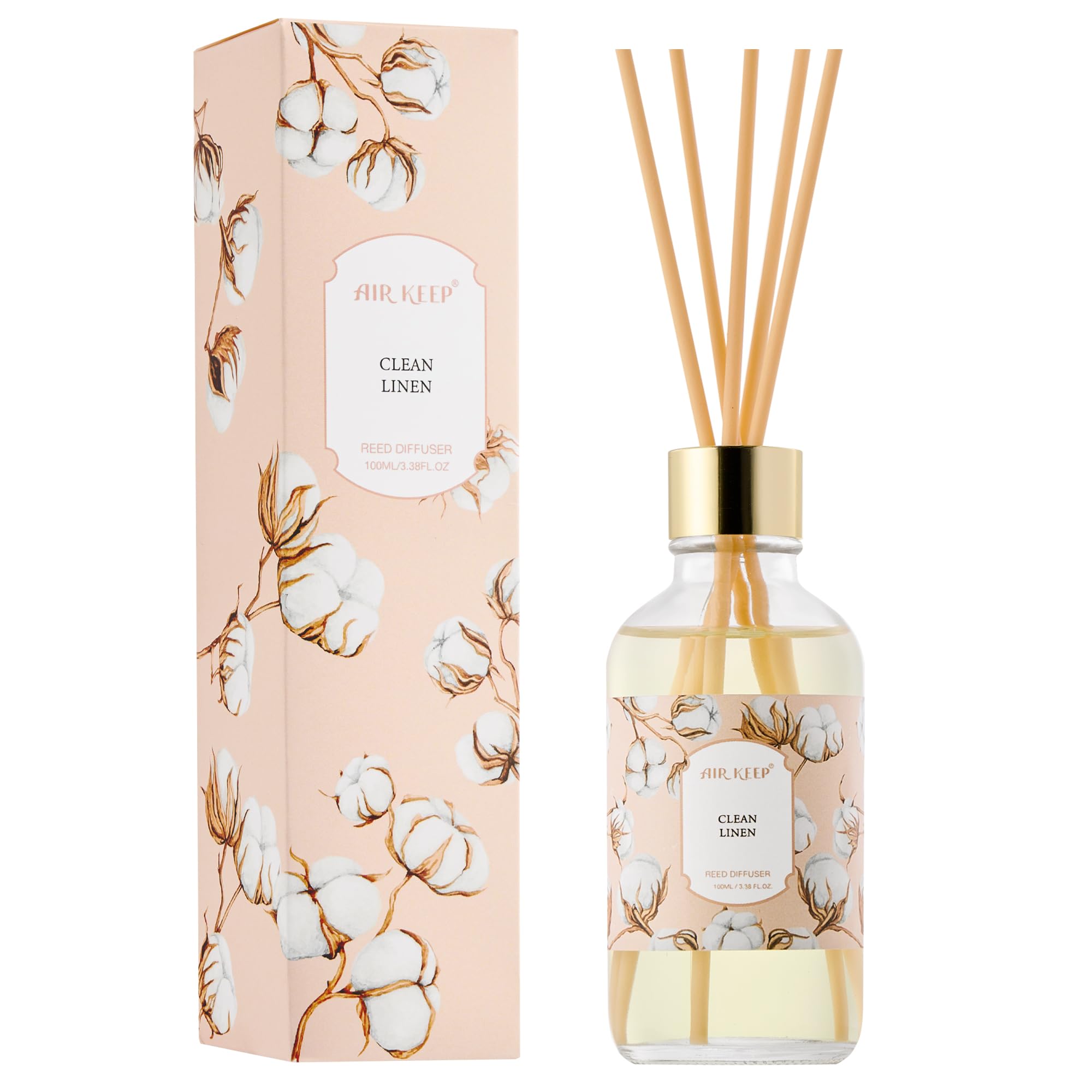 Airkeep Reed Diffuser Oil Set with Reed Sticks, Clean Linen Aromatherapy Oil Scent Diffuser for Home Office Bathroom Decoration Perfume and Gifts 3.38