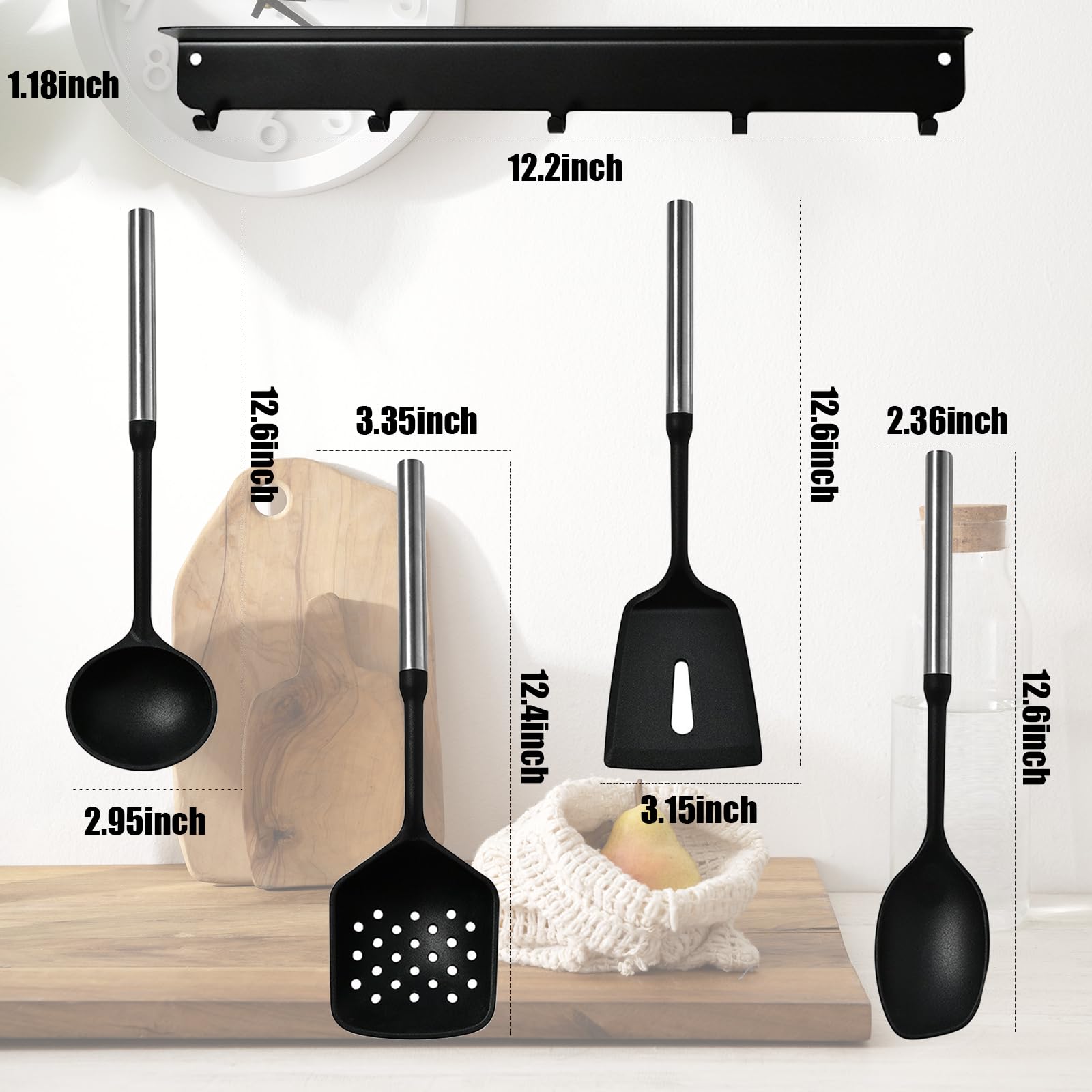 Warewell Magnetic Silicone Cooking Utensils Set with Self Stick on Wall Rack, No Need to Drill, Kitchen Utensils Set with Stainless Steel Handle, Heat Resistant, Nontoxic, Dishwasher Safe, Black