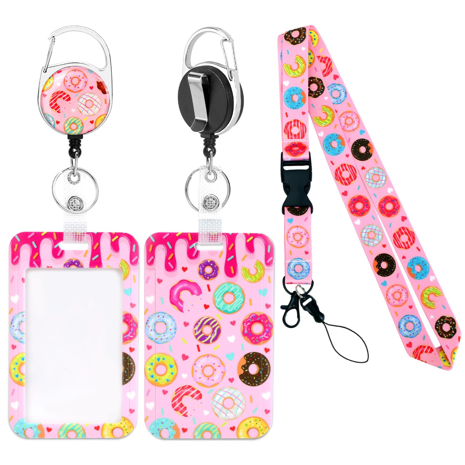 Badge Holder with Lanyard, Cute Donuts ID Card Holder Retractable Badge Reel with Carabiner Clip, ID Card Protector Cute Breakaway Lanyard for Kids Women Teacher Student Nurse