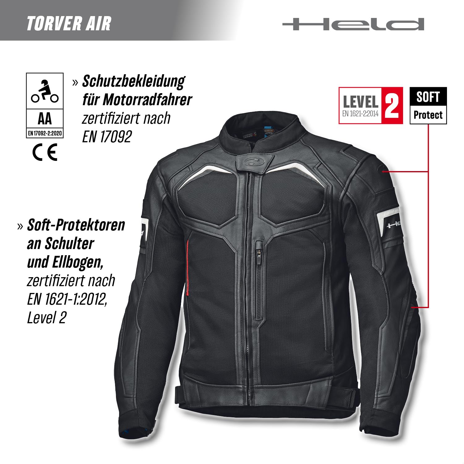 Held Torver Top Air Sport Motorrad Jacke Herren - Soft-Rindsleder und Heros-Tec Mesh - CE, Schutzklasse AA -Soft-Protektoren Level 2 - Atmungsaktive Motorradjacke - Schwarz-Weiß