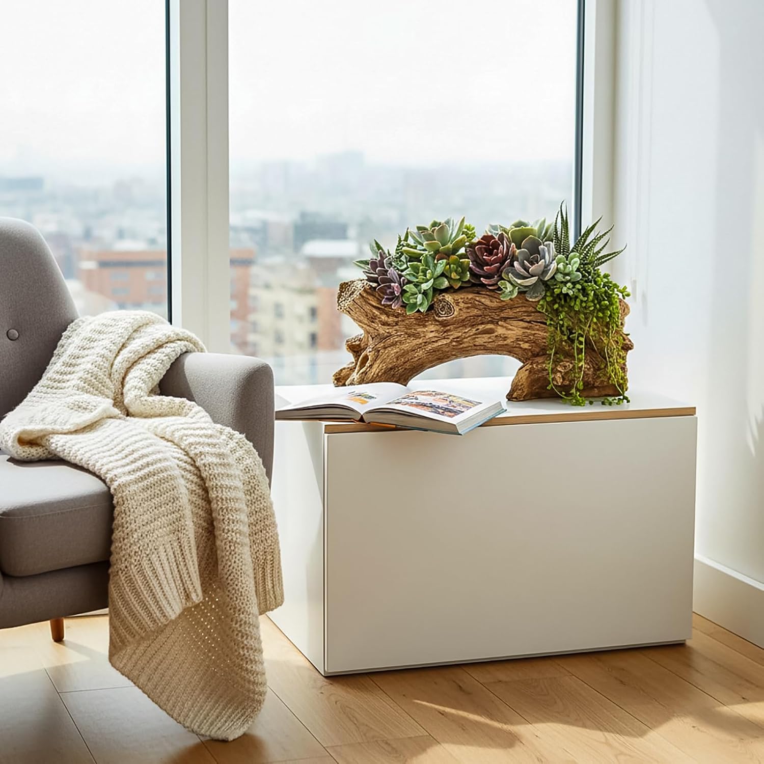 Hiceeden Artificial Driftwood Succulent Planter, Resin Tree Stump Sculpture Rustic Cactus Flower Pot for Herb, Strawberry, Small Plants, Natural Color Drainage Hole, 14.6" L x 4.3" W x 5.1" H