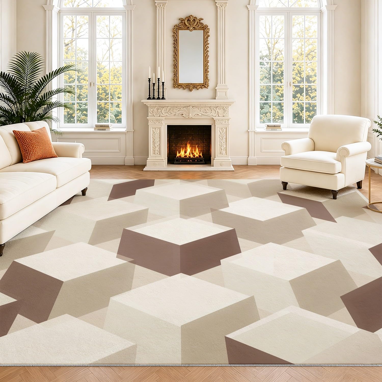 Tapis Lavable Imprimé Cubes 3D Losanges Beige 240x300 cm pour Salon Chambre
