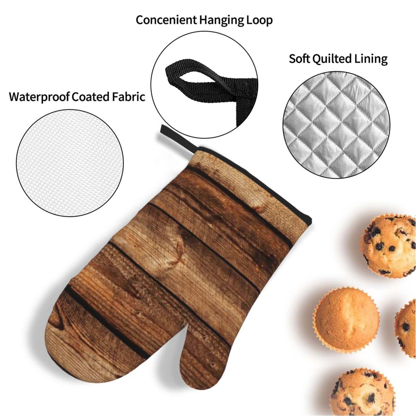 Set Da Cucina 4 Pezzi: 2 Guanti Da Forno E 2 Presine In Poliestere Impermeabile, Resistenti Al Calore, Con Anelli Appendi, Marrone Legno