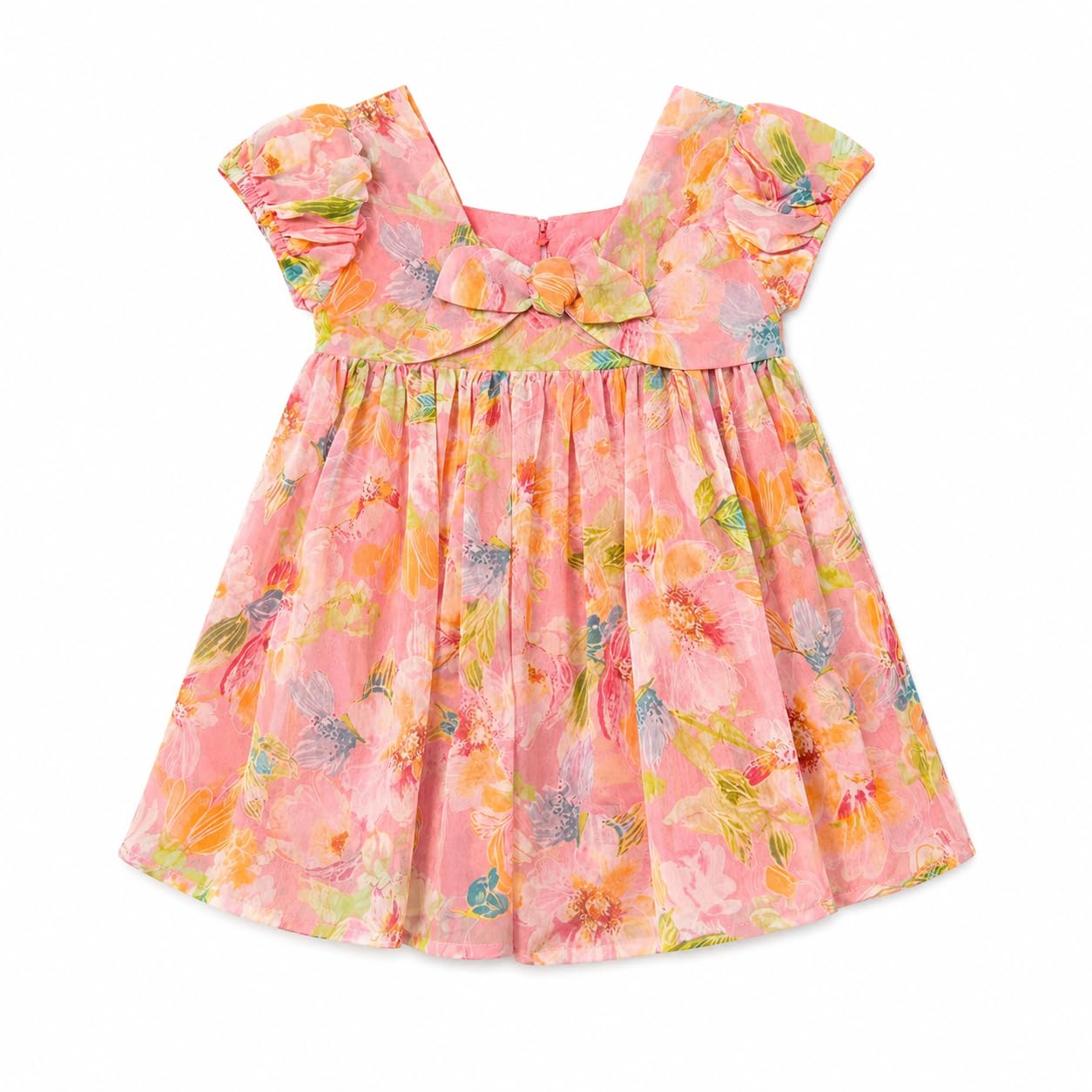 Vestido de verano para niña – Vestido floral de gasa con lazo, mangas volantes, elegante y ligero – Ideal para ceremonias, cumpleaños y ocasiones especiales, 1984