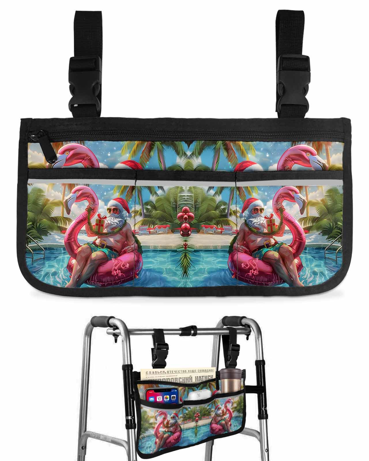 Anzona Christmas Santa Wheelchair Side Bag Walker Bag, Coastal Palm Tree Inflatable Flamingo Wheelchair Accessories Armrest Pouch, Organizer Storage Bag for Walkers, Rollators, Scooters, 7.3''x13''