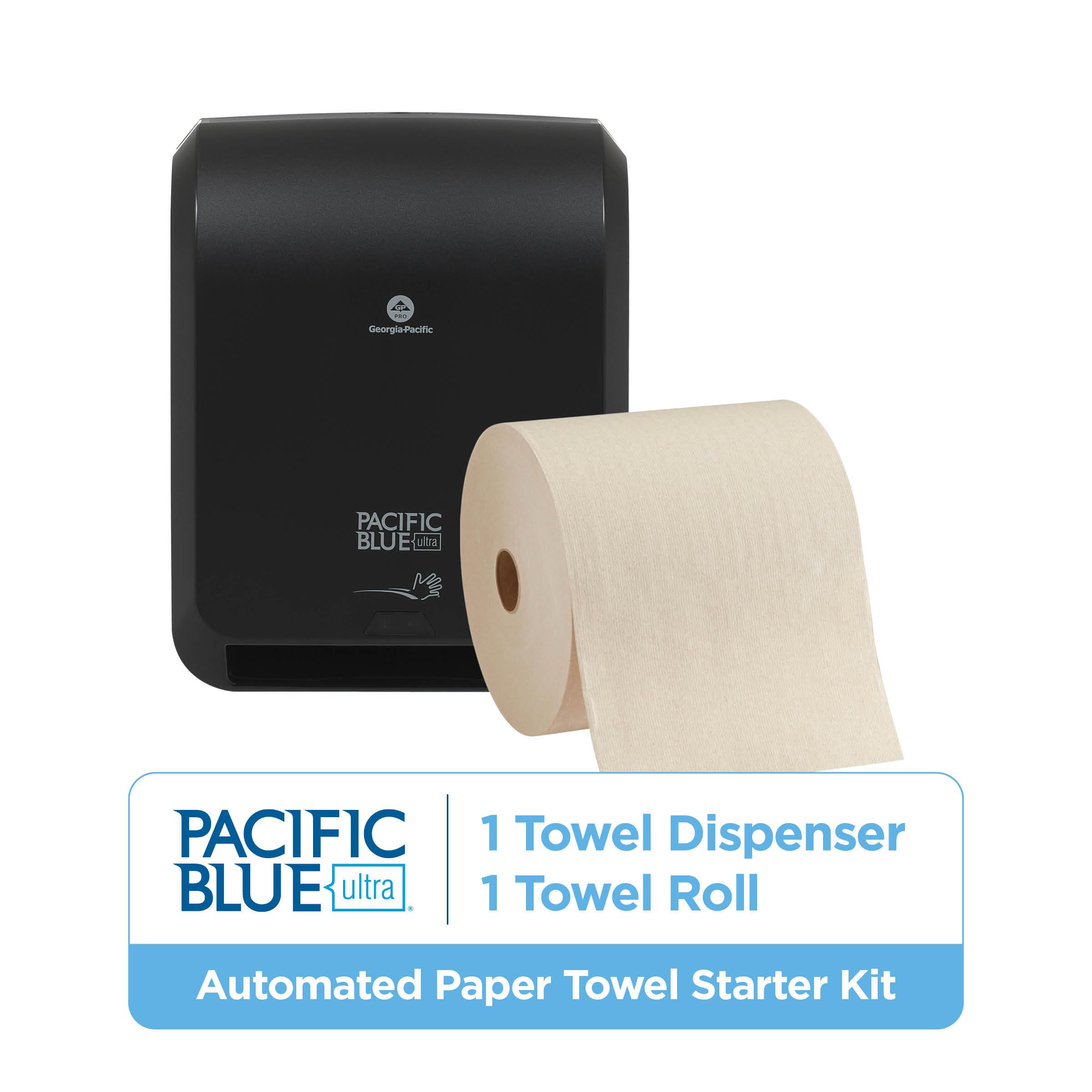 GP Pro (Georgia-Pacific), dispensador automático de Toallas de Papel sin Contacto de 8 Pulgadas, de Alta Capacidad, dispensador Negro (59590), 1 Rollo de Toalla marrón (26495)