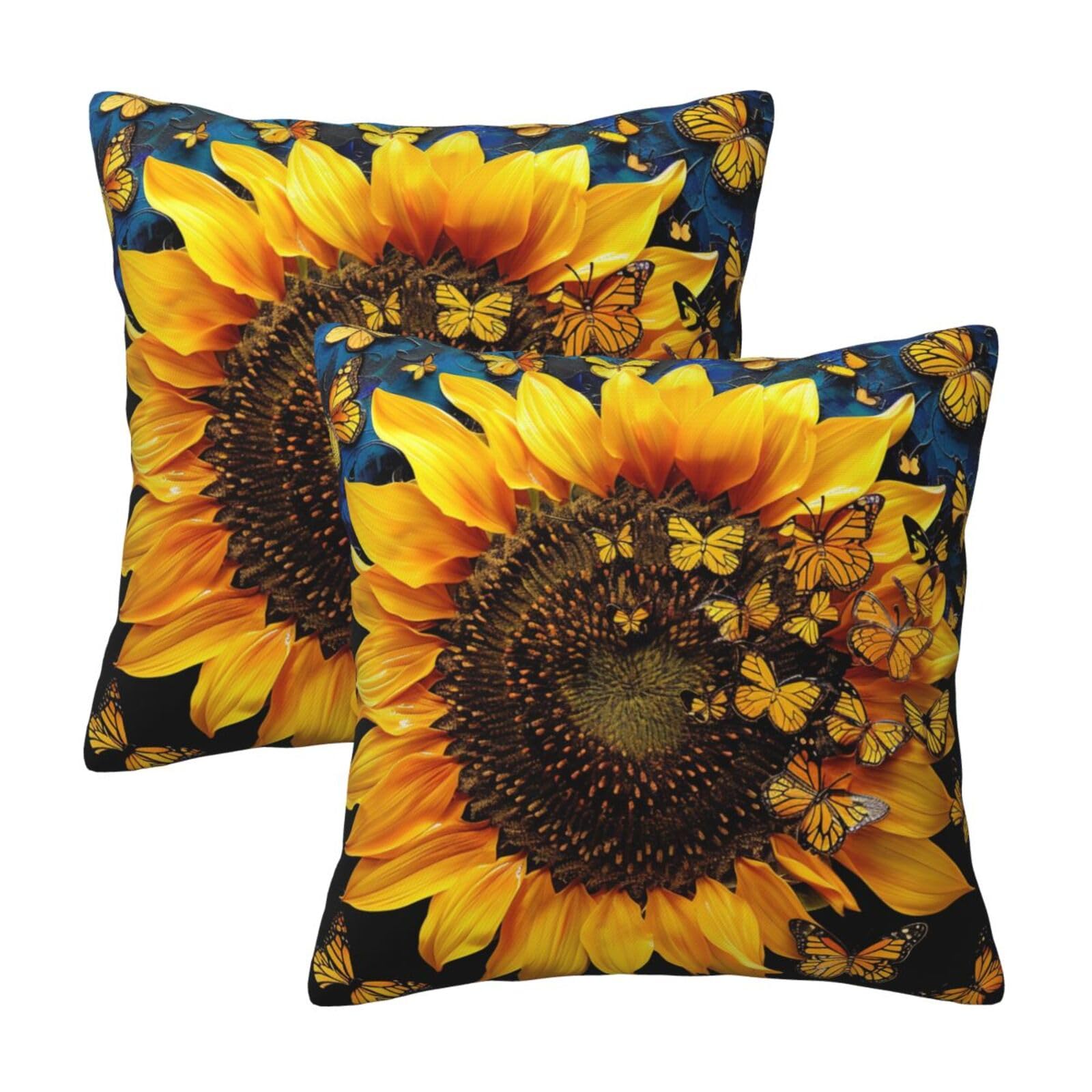kkvhhyuo Sunflower Floral Butterflies Art Print Pillow Covers Set of 2, Square Decorative Cushion Covers with Hidden Zipper, Throw Pillow Cases for Living Room Sofa Bed Chair, 50x50 cm