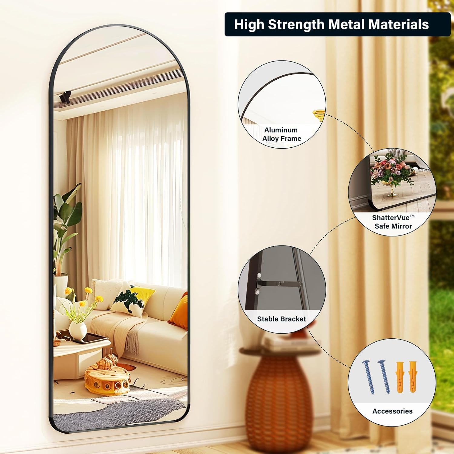 65"x 22" Arched Full-Length Mirror with Rectangular Corners, Large Wall-Mounted or Leaning Floor Black Mirror for Bedroom, Living Room, Entryway, and Dressing Room Décor, Modern Full Body Mirror