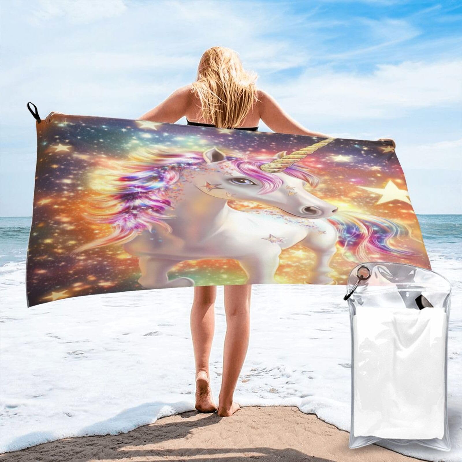 Anceky Magical Unicorn with Rainbow Mane, Stars Quick Dry Microfiber Travel Towel with Carry Case and Carabiner 31.5"X63"