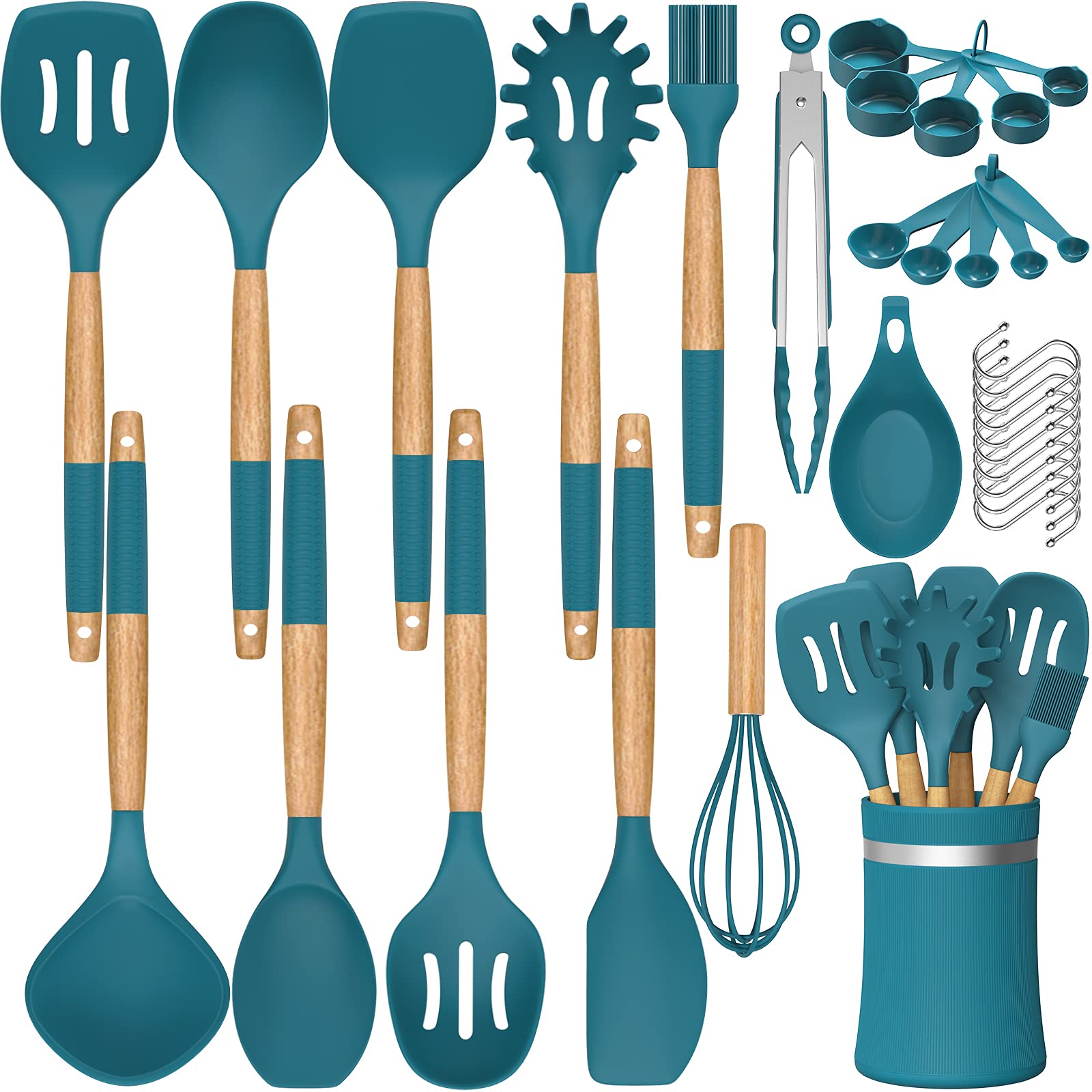 33 PCS Silicone Kitchen Utensils Set, Umite Chef Heat Resistant Cooking Utensils Set With Holder, Wooden Handle Kitchen Gadgets Tools Spatula for Nonstick Cookware