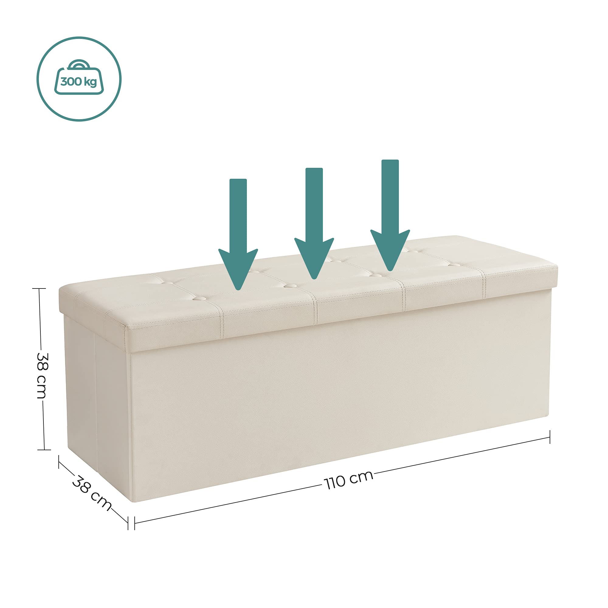 SONGMICS Cassapanca Contenitore 120L, Pouf Contenitore, Panca Poggiapiedi Pieghevole, Capacità di Carico di 300 kg, Seduta Imbottita, Beige LSF70M