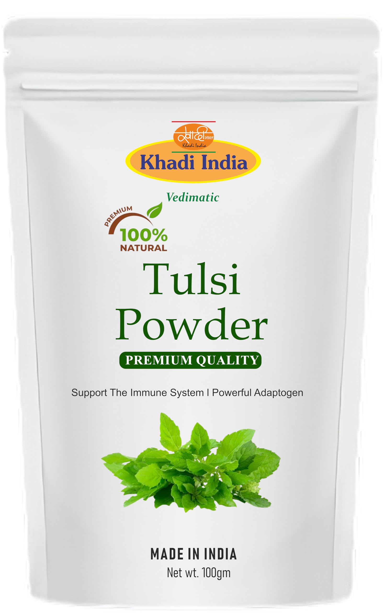 Khadi 100% Pure & Organic Tulsi Powder (Ocimum sanctum) – Natural Ayurvedic Powder for Clear Skin, Acne Control & Scalp Purification – 100g
