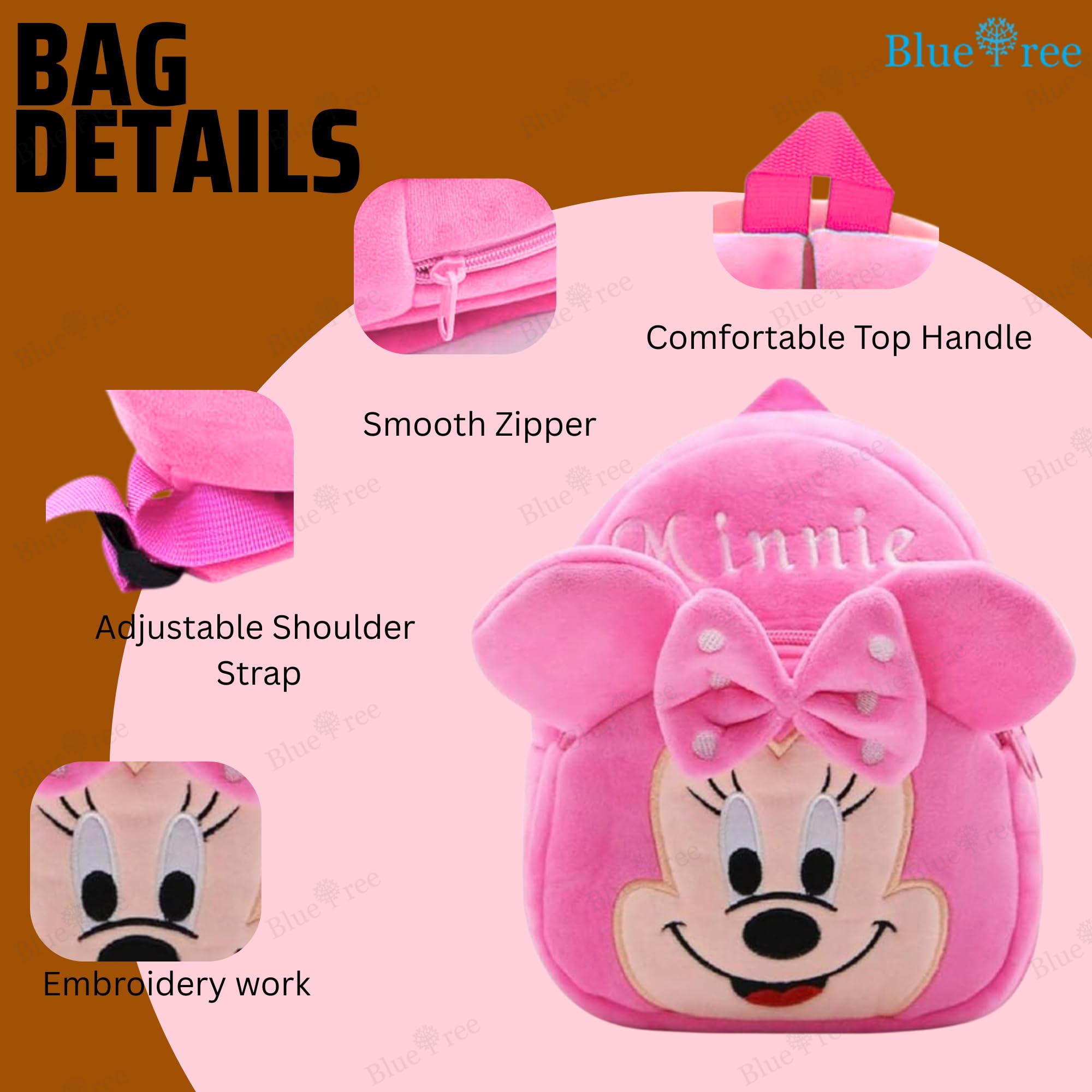 blue tree School Bag for Cute Kids for (1-6 Years), Preschool Soft Plush Pink Minnie Bag for toddlers, Mini Cartoon Backpack for Baby Boys and Girls 1