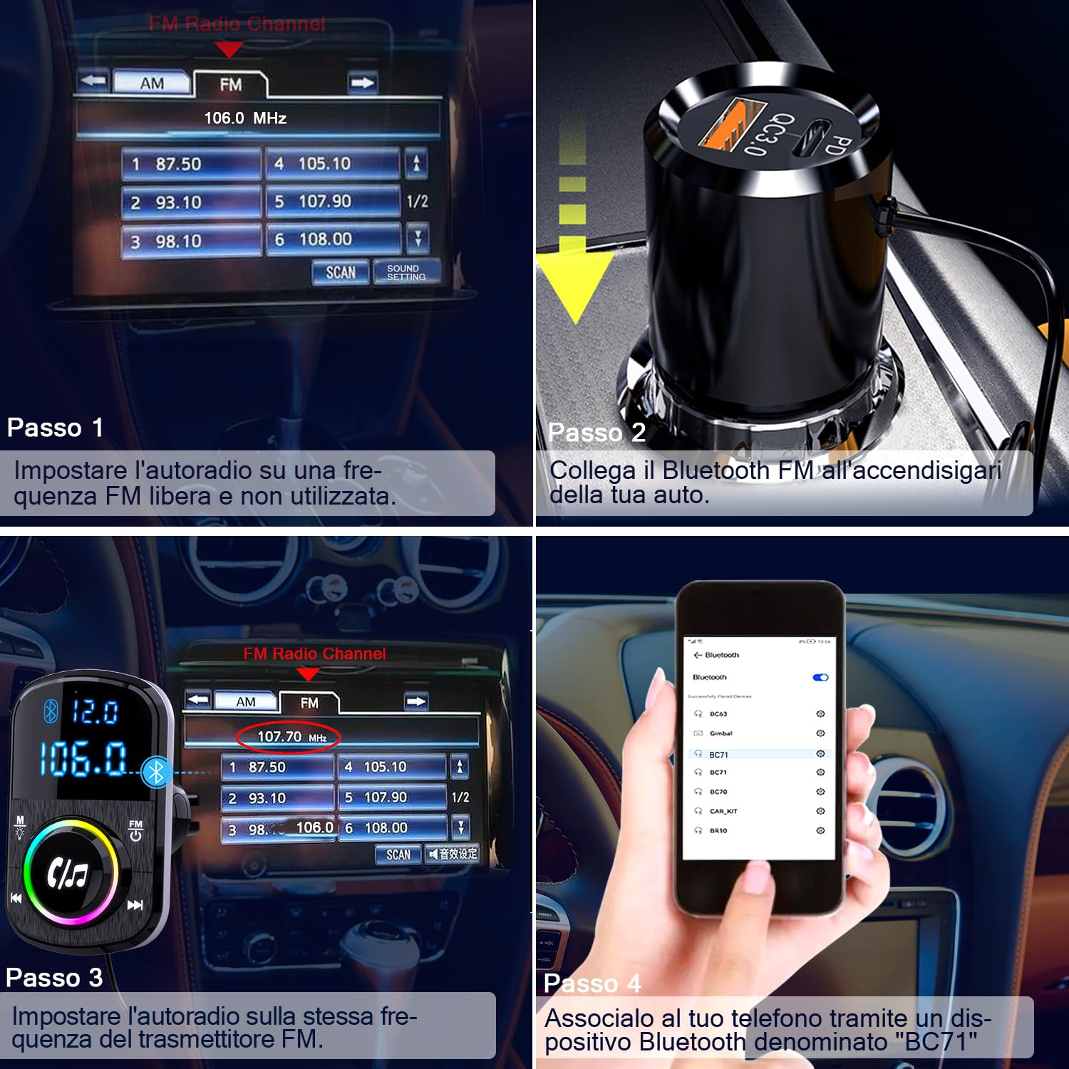 GizmoVine Bluetooth Coche, Transmisor FM, Soporte Manos Libres/QC3.0 y PD Cargador Rápido/Luz Ambiental/Base Autoadhesiva y Clip con Cable 1.1 - Reproductor de Música con Tarjeta BT/TF