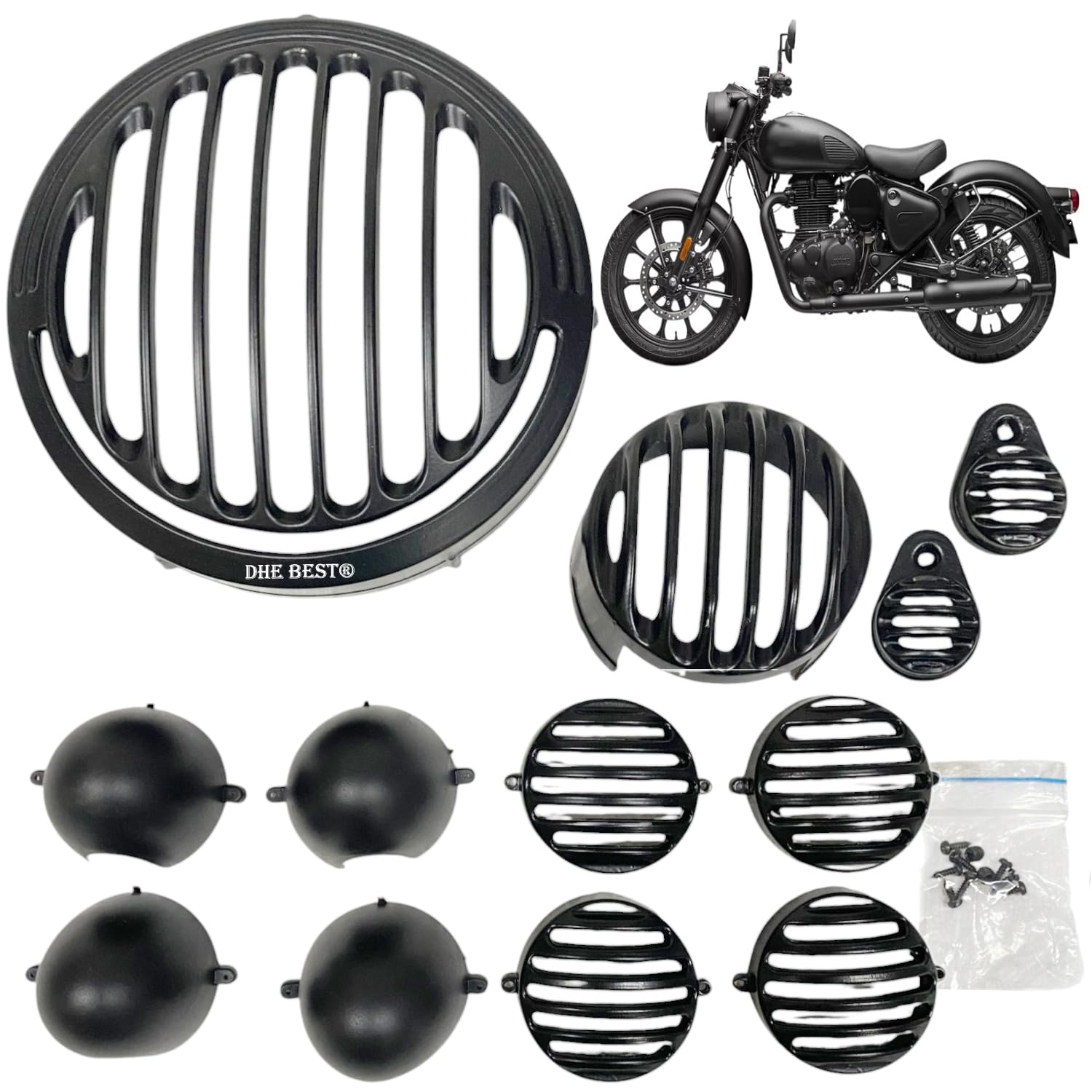Dhe Best Bike Adjustable Head Light Grill/Jali + Indicator Grill + Indicator Cap +Tail Light Grill and Headlight LED Indicator Grill 2025 Onwards Set of 12 Compatible with RE Reborn Classic 350-image-13