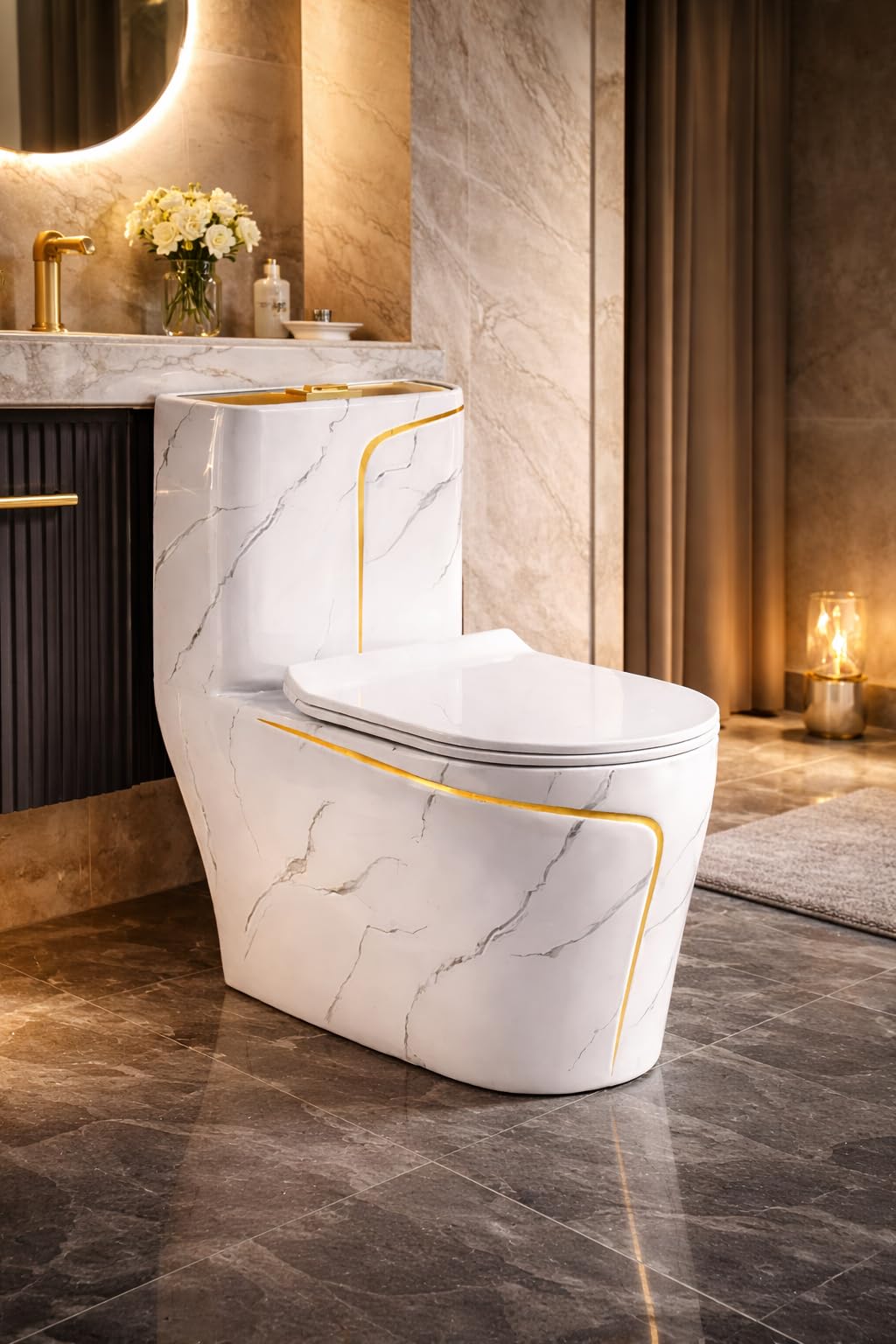 EGO INTERIORS Royalty Line | Einteilige Stand-WC mit eingebautem Spülkasten | Goldene Marmoroptik Keramik | randlos | Sitz mit Soft Close Absenkautomatik | Quick Release Scharnieren