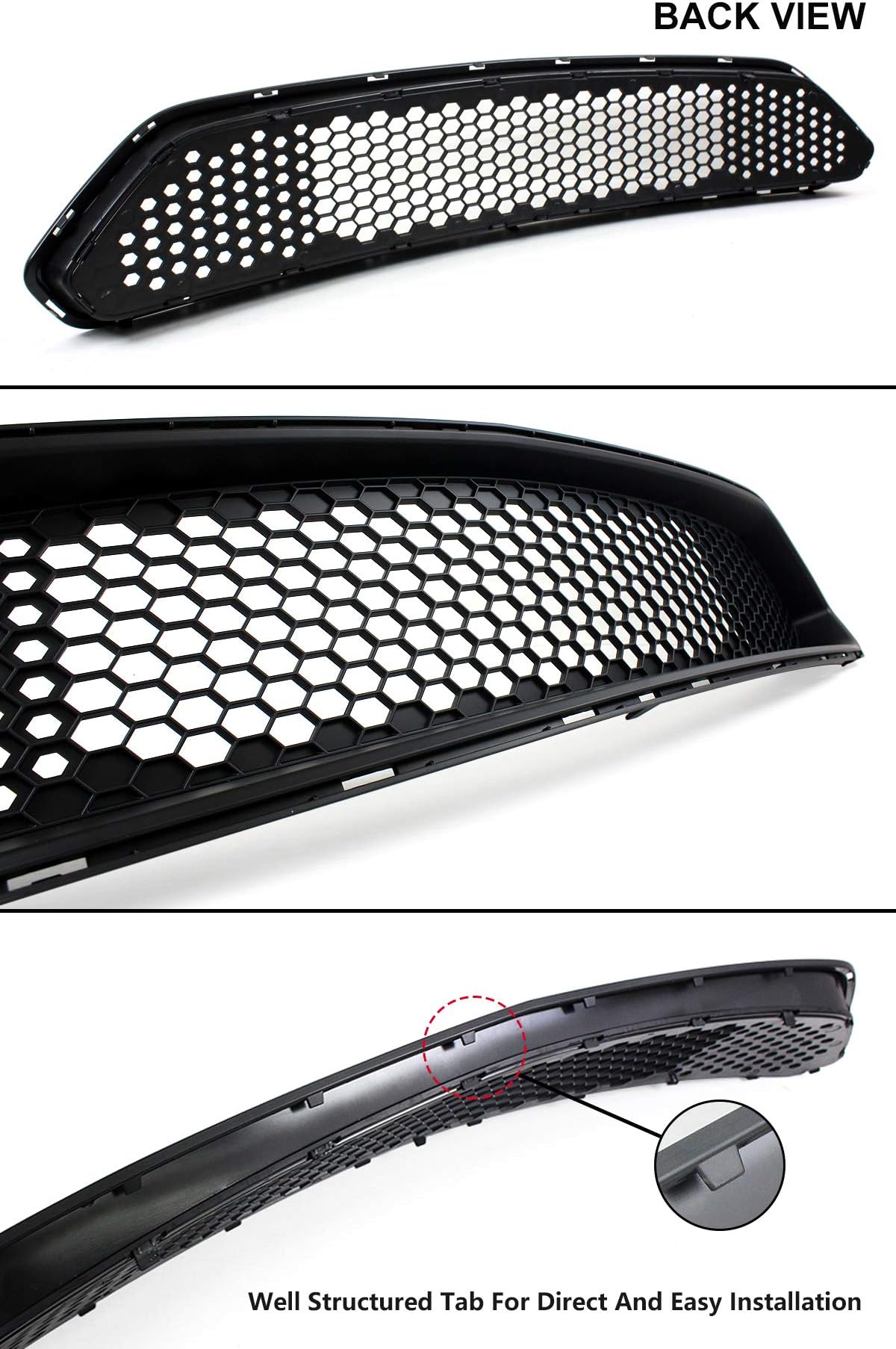 Bullitt Style High Flow Textured Black Honeycomb Front Bumper Upper + Lower Grille Set Compatible with for 2018-2021 Ford Mustang