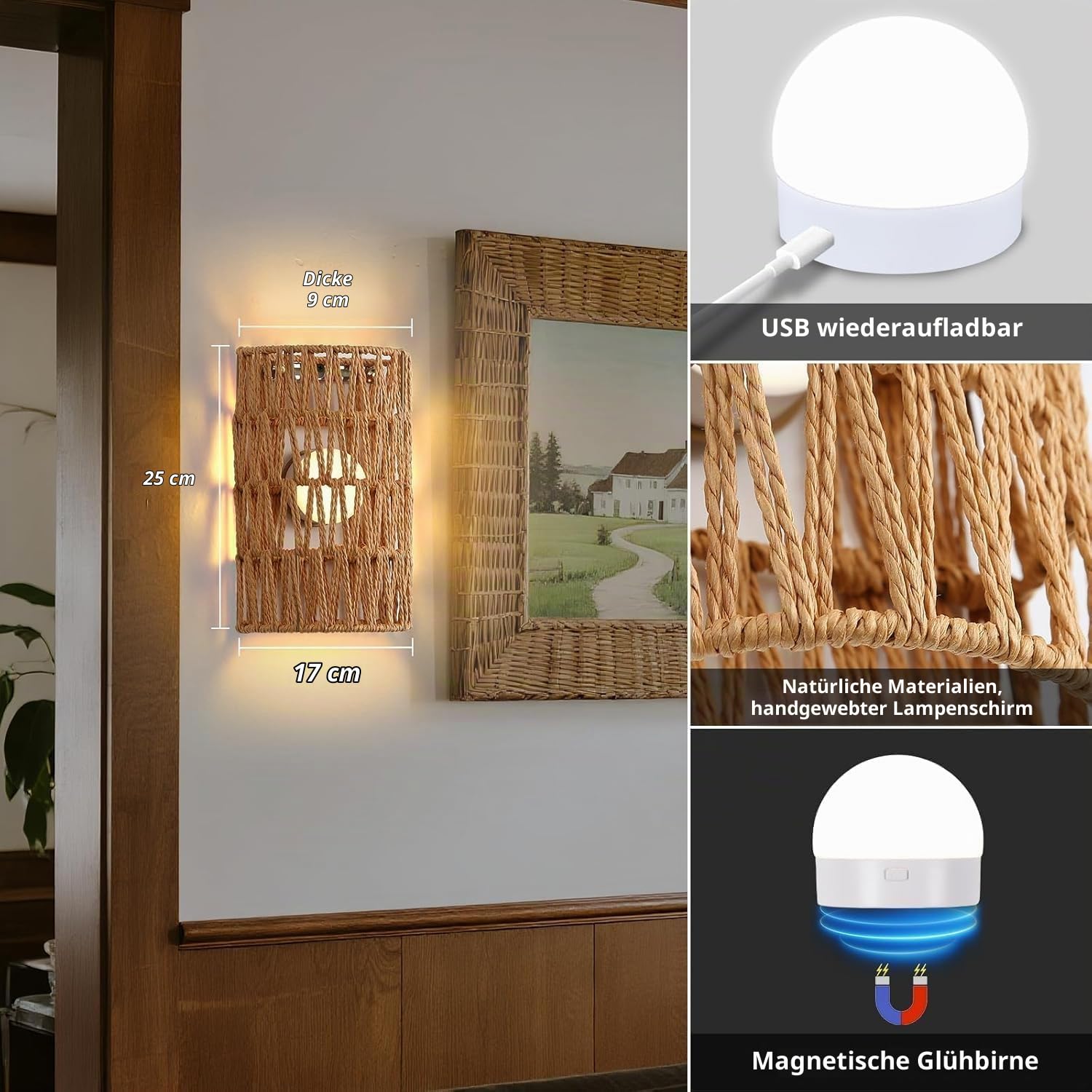 2 Stück Wandleuchte Innen RGB Dimmable Wandlampe mit Fernbedienung Boho Rattan Nachttischlampe Vintage Bambuslaterne Lampe ohne Stromanschluss für Wohnzimmer Schlafzimmer Treppen Flur