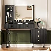 Ieejdn Large Black Vanity Desk with 3-Color LED Touch Dimming Mirror, Charging Station, 5 Drawers & Shelves