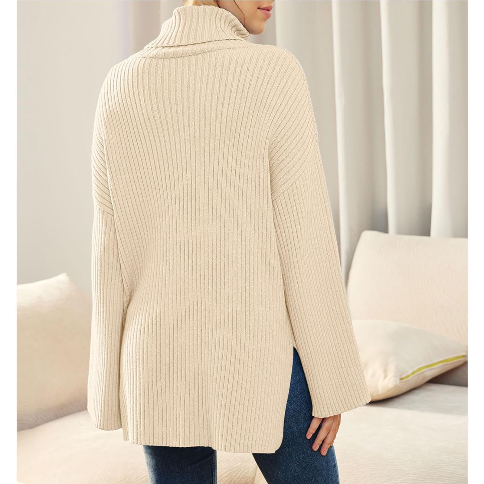 Greabuy Maglione a collo alto oversize alla moda da donna maglione a costine felpa per donna maglione casual camicie da donna maglioni da donna felpe leggere in maglia, Nero , XXL