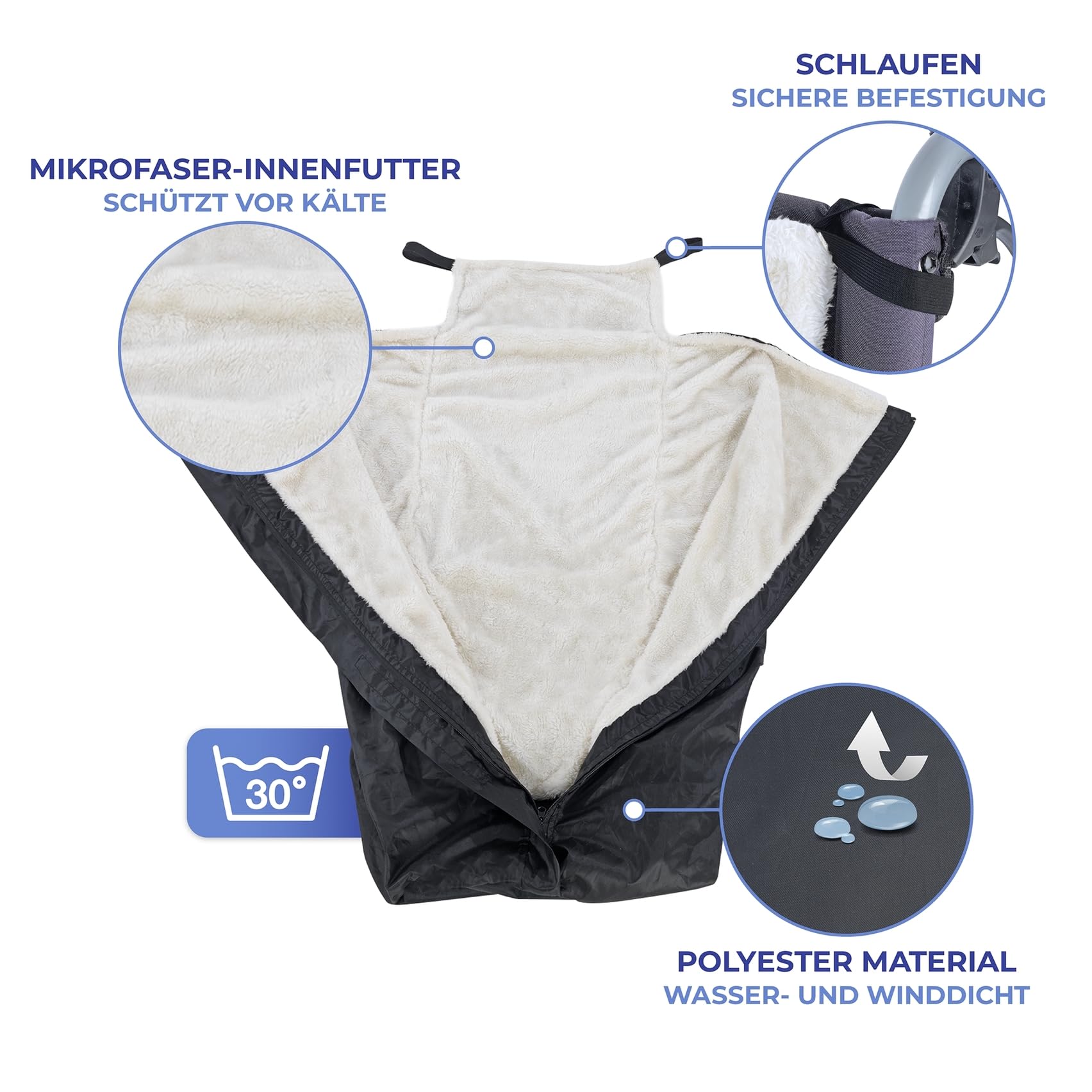 Maximex Bolsa térmica para silla de ruedas, resistente al agua y al viento, protección contra el frío, la humedad y la suciedad, poliéster, 130 cm de largo