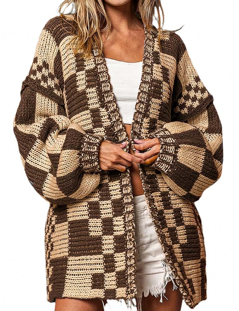 Mywinway Checkered Cardigan for Women Fall Winter Casual Trendy Oversized Open Front Plaid Knit Cardigan Sweater Jacket