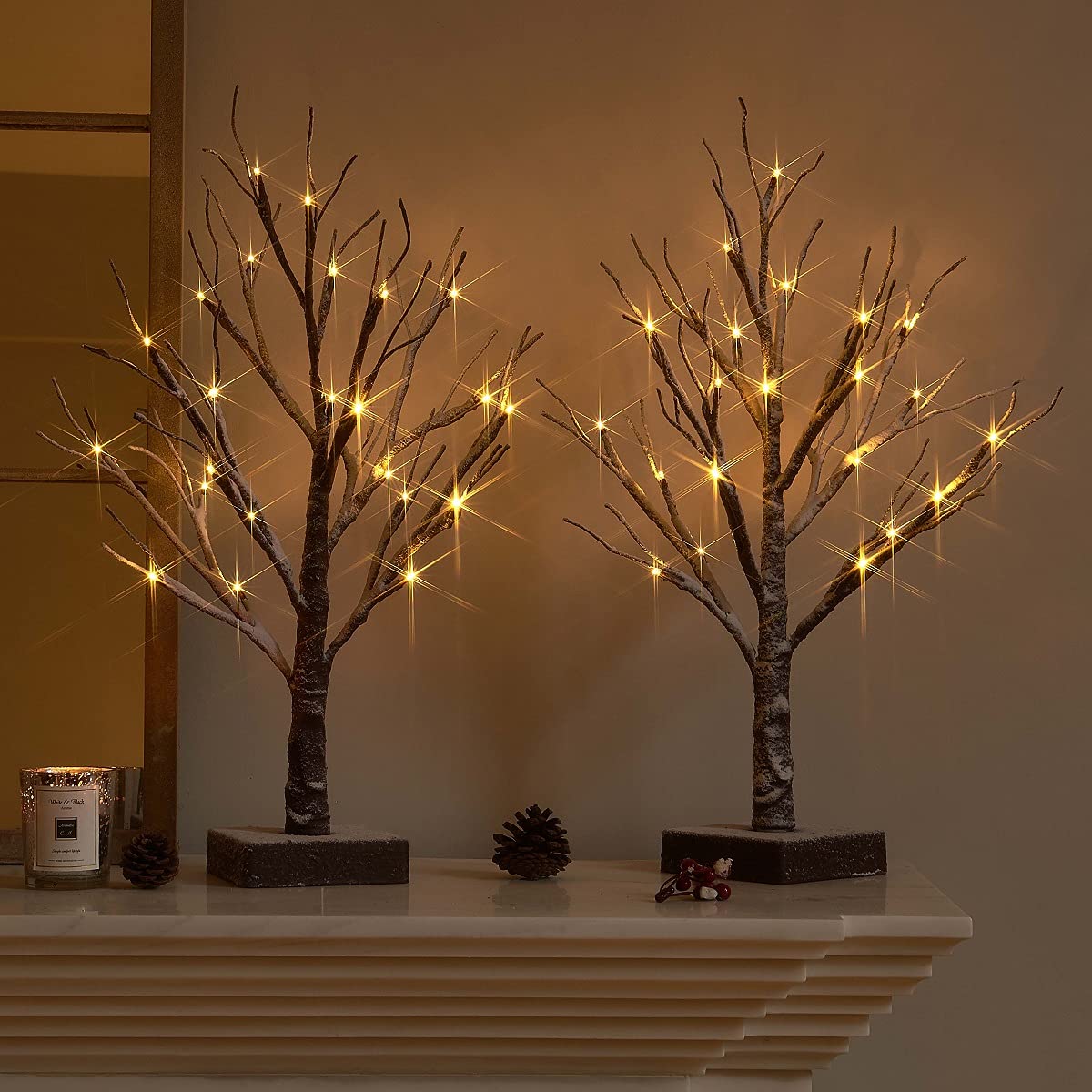 Fudios Lighted Snow Dusted Christmas Tree with Timer Battery Operated 18in Home Decor, Pre lit Artificial Tabletop Snowy Trees with 24 LED for Winter Party 2 Sets