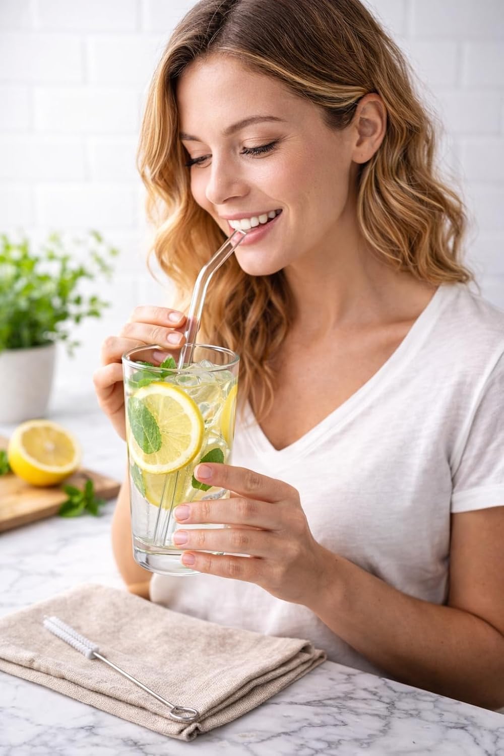 Hummingbird Glass Straws Clear 12" x 7 mm Long Reusable Straw Designed for Yeti and Starbucks Style Tumblers Made With Pride in USA - 4 Pack With Cleaning Brush (Bent)