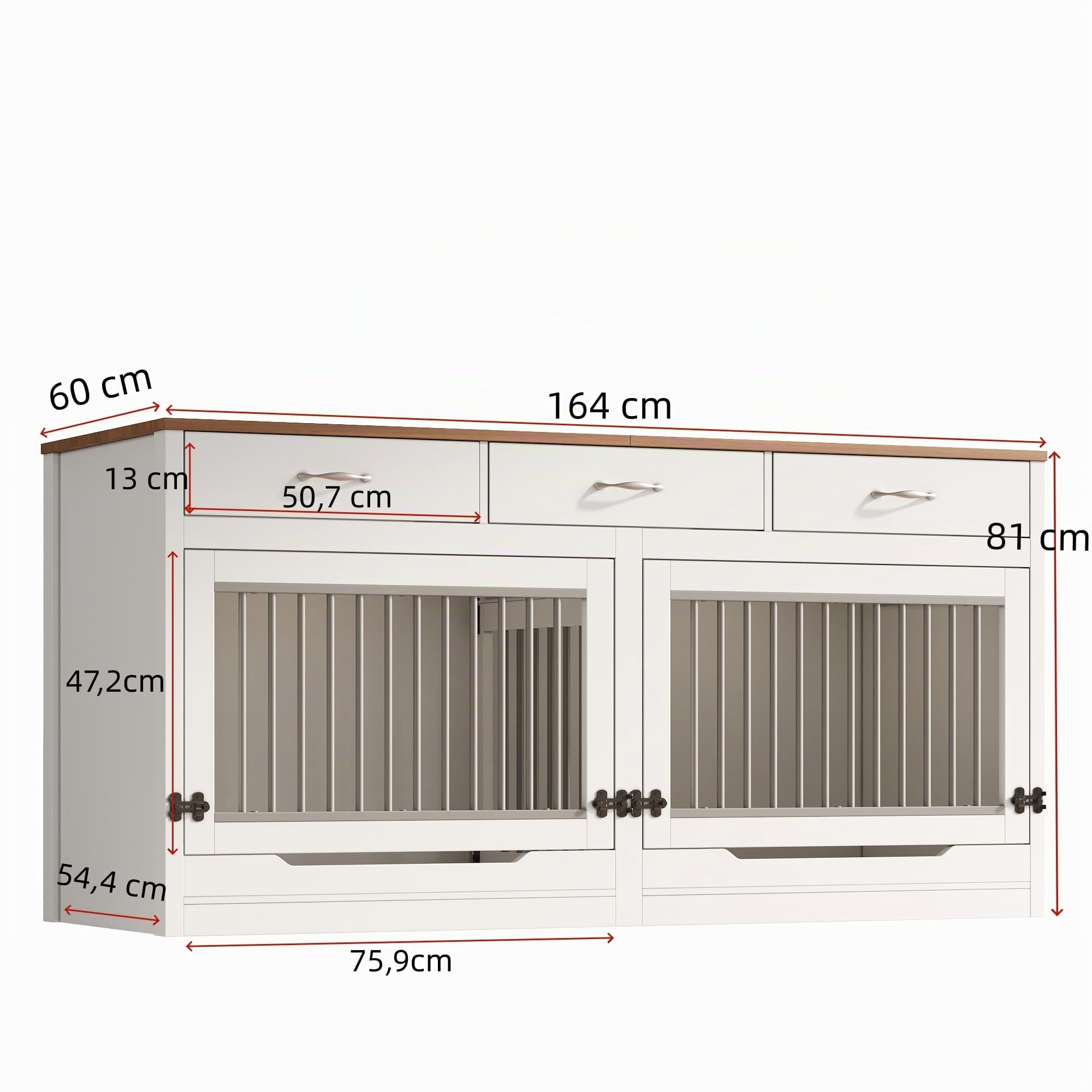 Jaula para perros de madera y metal, para 2 perros, 164 x 60 x 81 cm, caseta interior, tapa abatible, divisor extraíble, 3 cajones (blanco + efecto madera)