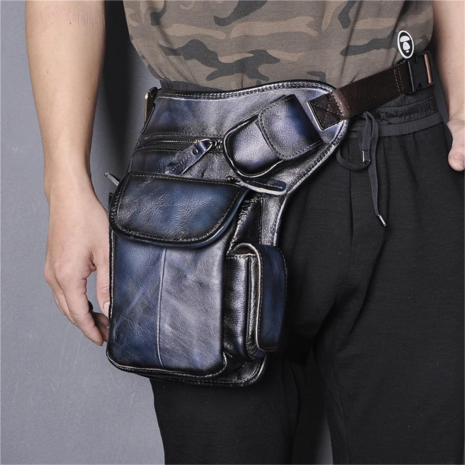 Bolsa Pierna Moto Leather Design Men Vintage Small Belt Messenger Bag Waist Pack Drop Leg Pouch(Black)