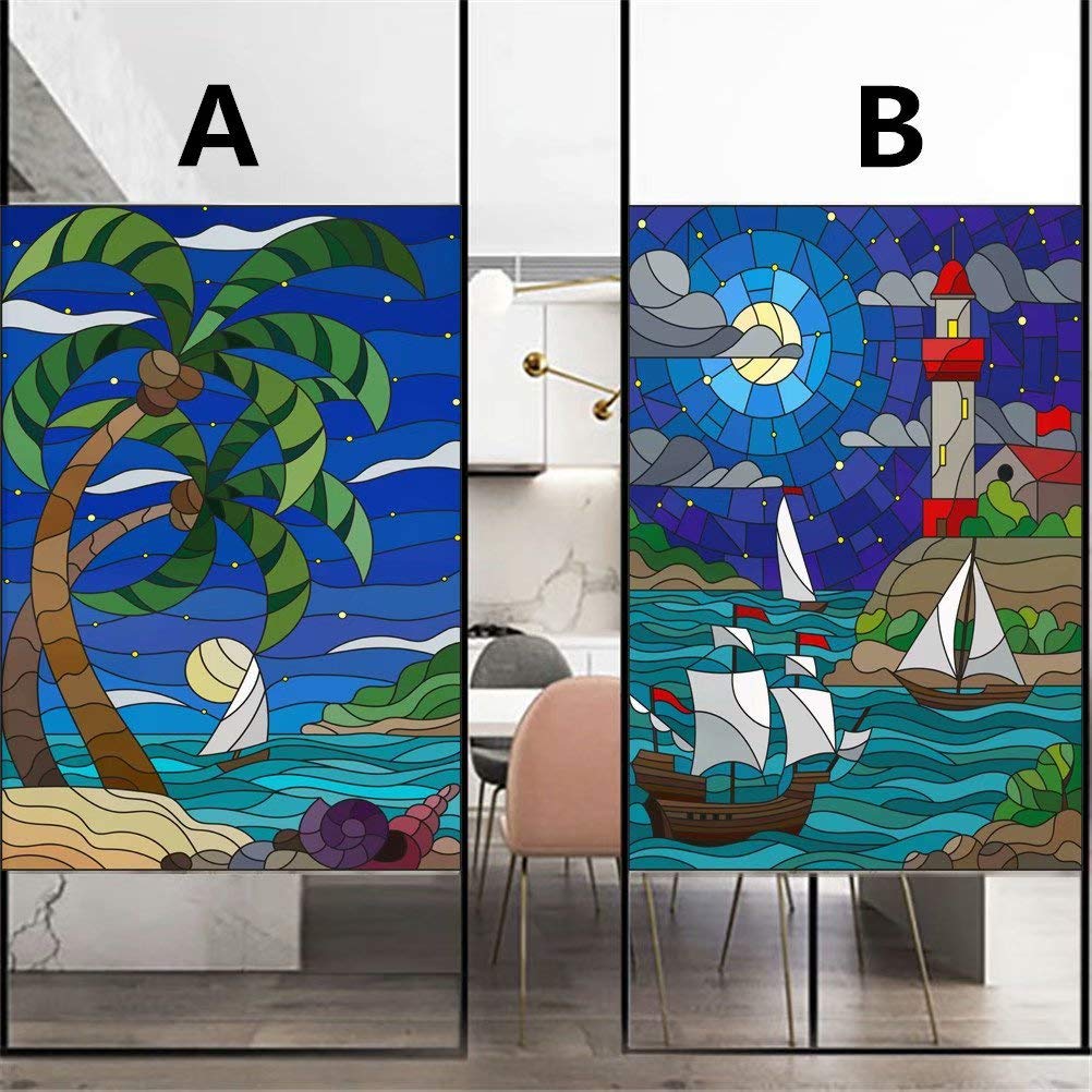 Privacy Window Film Multicolor Seaside Painting Decorative Opaque Non-Adhesive Static Cling Frosted Glass Window Film Window Stickers for Home Office 80x200cm(31.5