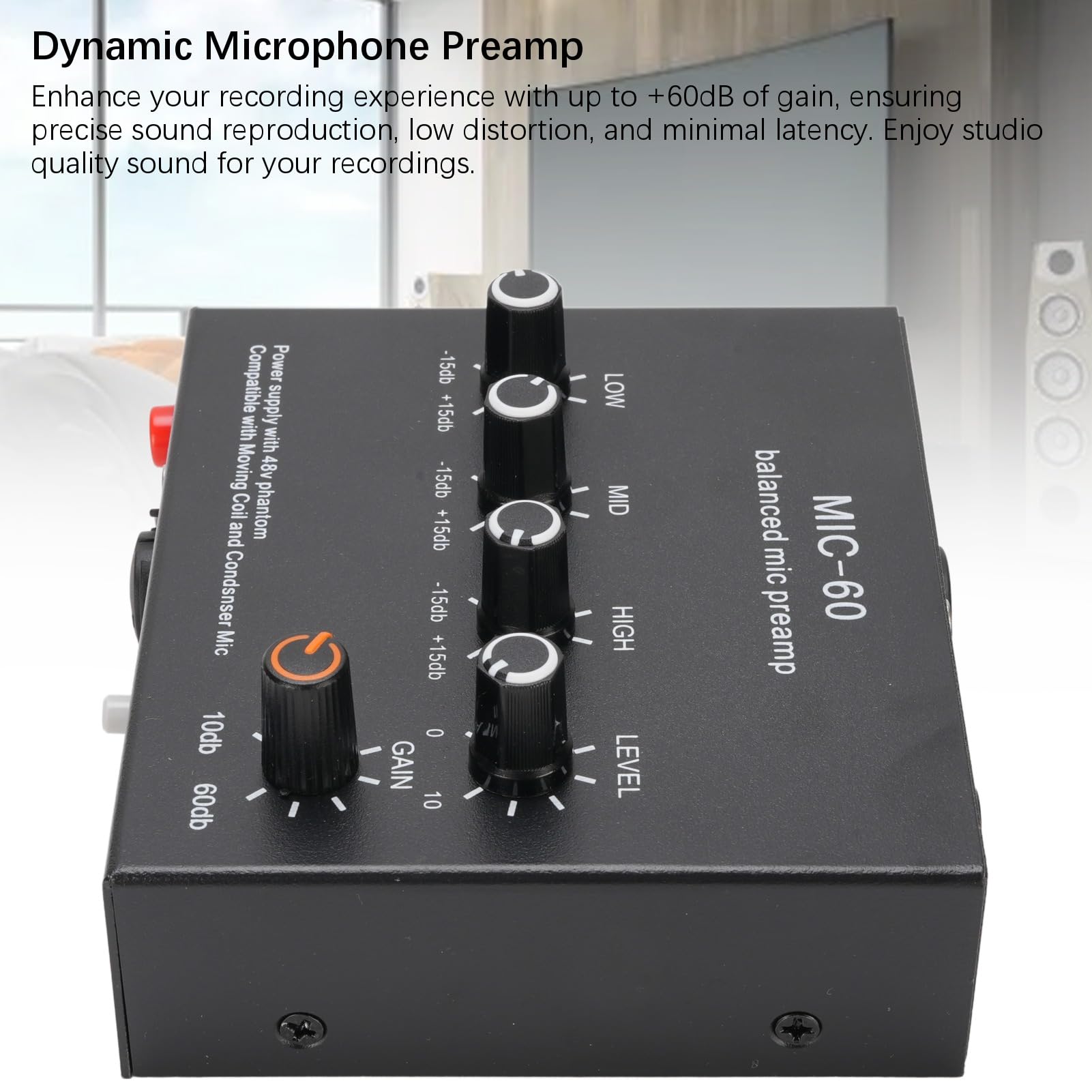 Préampli Microphone avec Gain 60dB et Alimentation 48V, Préamplificateur Micro 3 Canaux XLR 3,5mm 6,35mm pour Condensateur Dynamique, Câble XLR Inclus