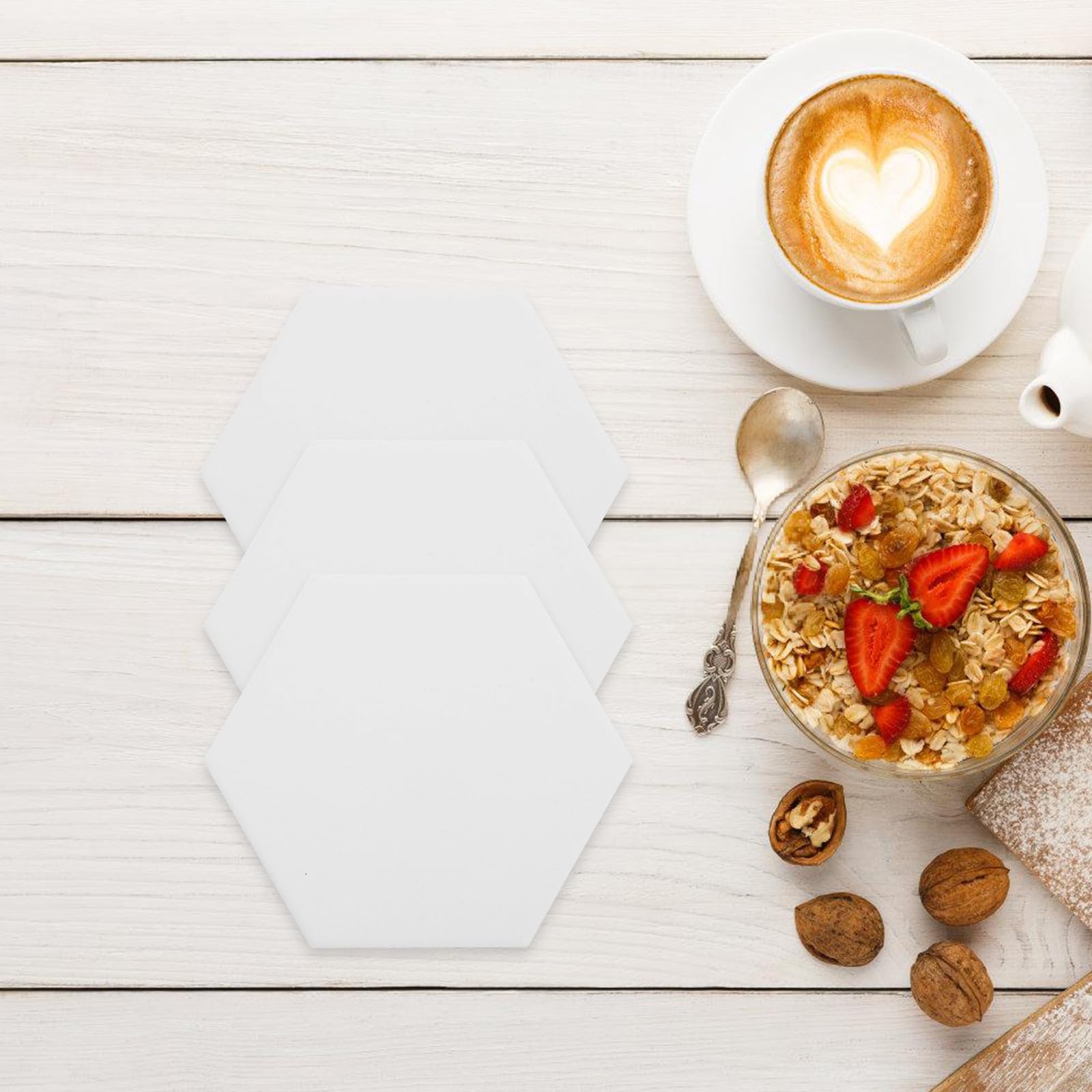 Posavasos de Cerámica Hexagonales DIY, Juego de 10, Blancos, Absorbentes y Antideslizantes para Proyectos de Transferencia de Calor en Cocina y Mesa