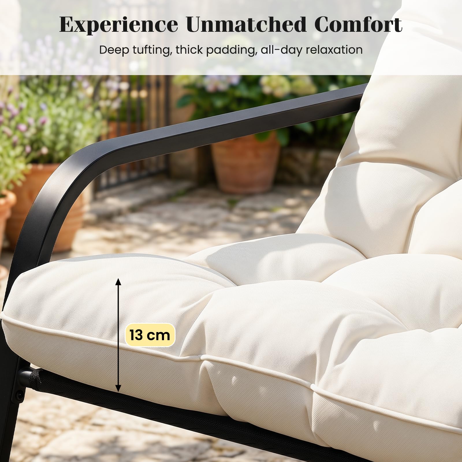 COSTWAY Fauteuil à Bascule Exterieur, Charge 205 kg, Fauteuil de Jardin Papasan en Métal, Coussin Amovible&Épais 13 cm, Base Antidérapante, Rocking Chair pour Salon Balcon, 120 x 91 x 78 cm (Beige)