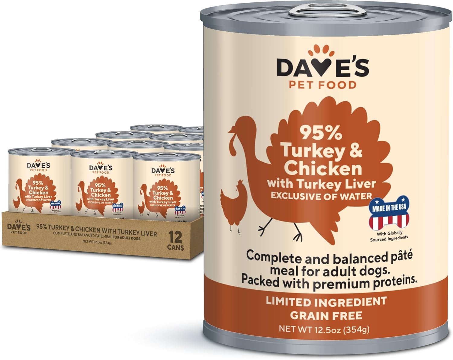 Dave’s Pet Food Limited Ingredient Dog Food (95% Turkey & Chicken), Made in USA Grain Free Wet Canned Meals, Large & Small Breeds, 12.5 oz Cans (12 Pack)