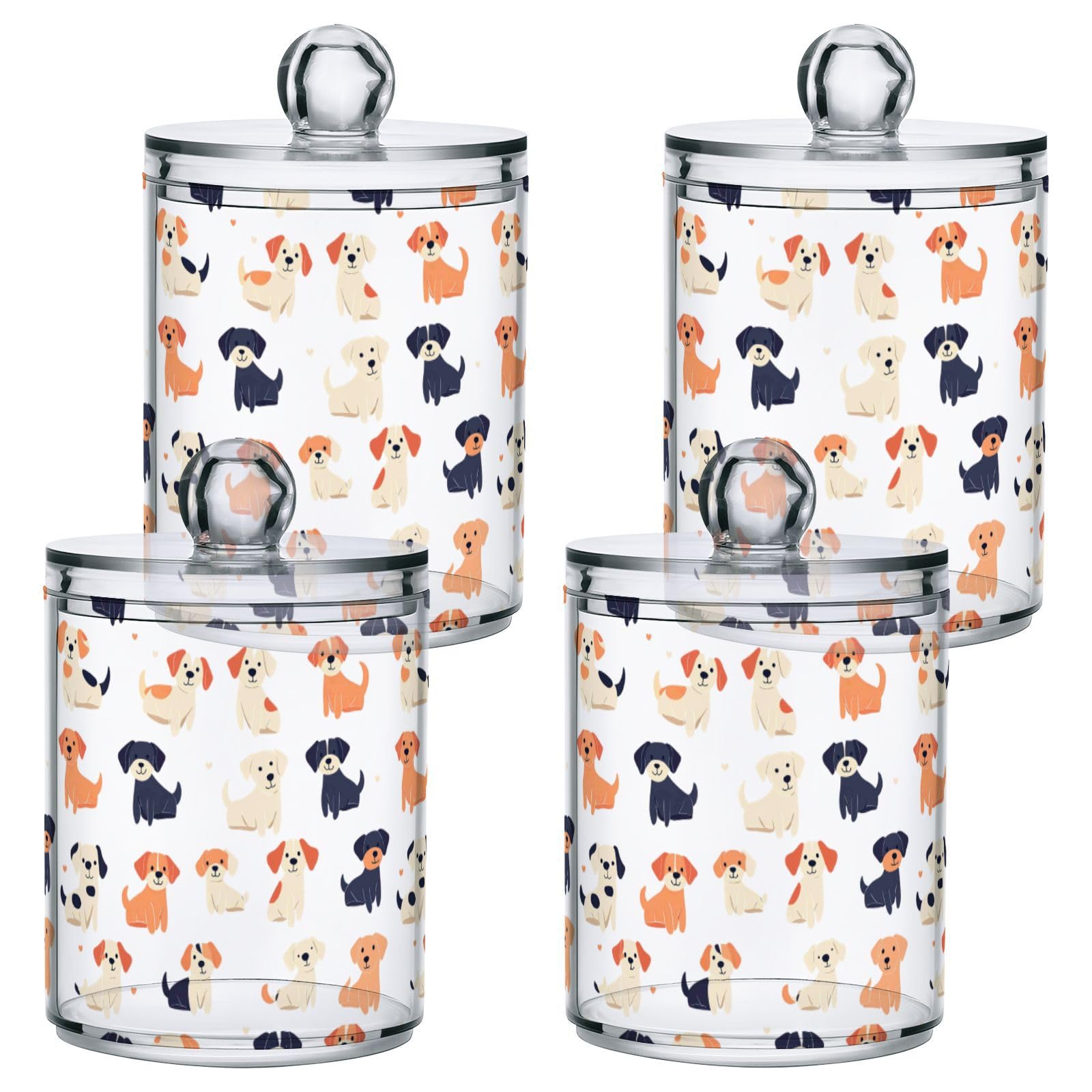 Gredecor 4 Pack Qtip Holder Clear Cute Dogs Puppy (9) Apothecary Jars with Lids Acrylic Bathroom Jars Vanity Countertop Canister Storage Organizer for Cotton Ball,Swabs,Pads,Floss