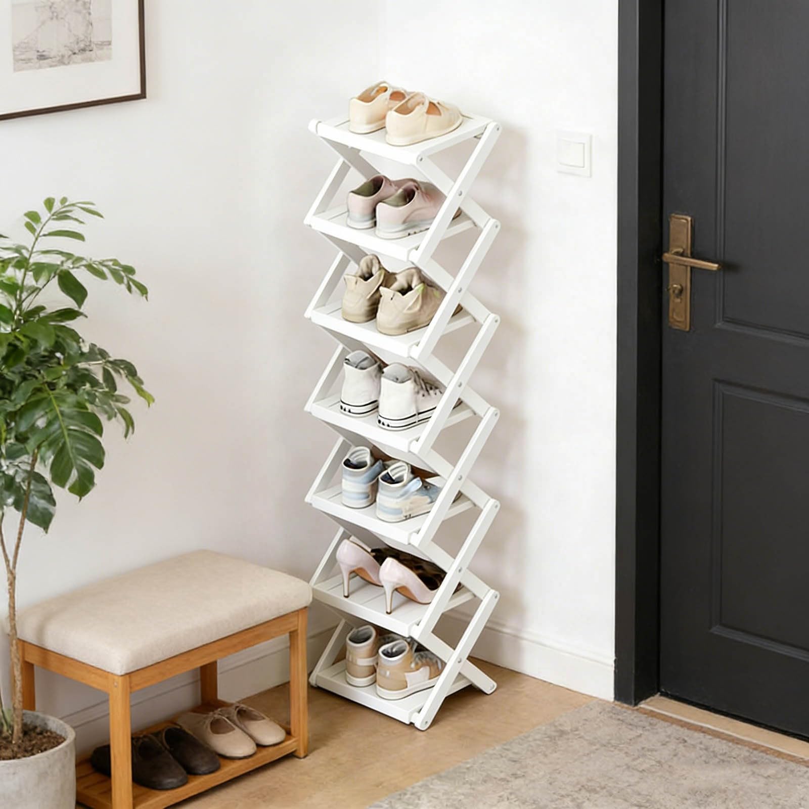 Zapatero de bambú de 2/3/4/5/6/7/8 niveles, no requiere instalación, zapatero plegable, almacenamiento multicapa, fuerte capacidad de carga, ahorro de espacio, para interiores, balcón (blanco, 7)